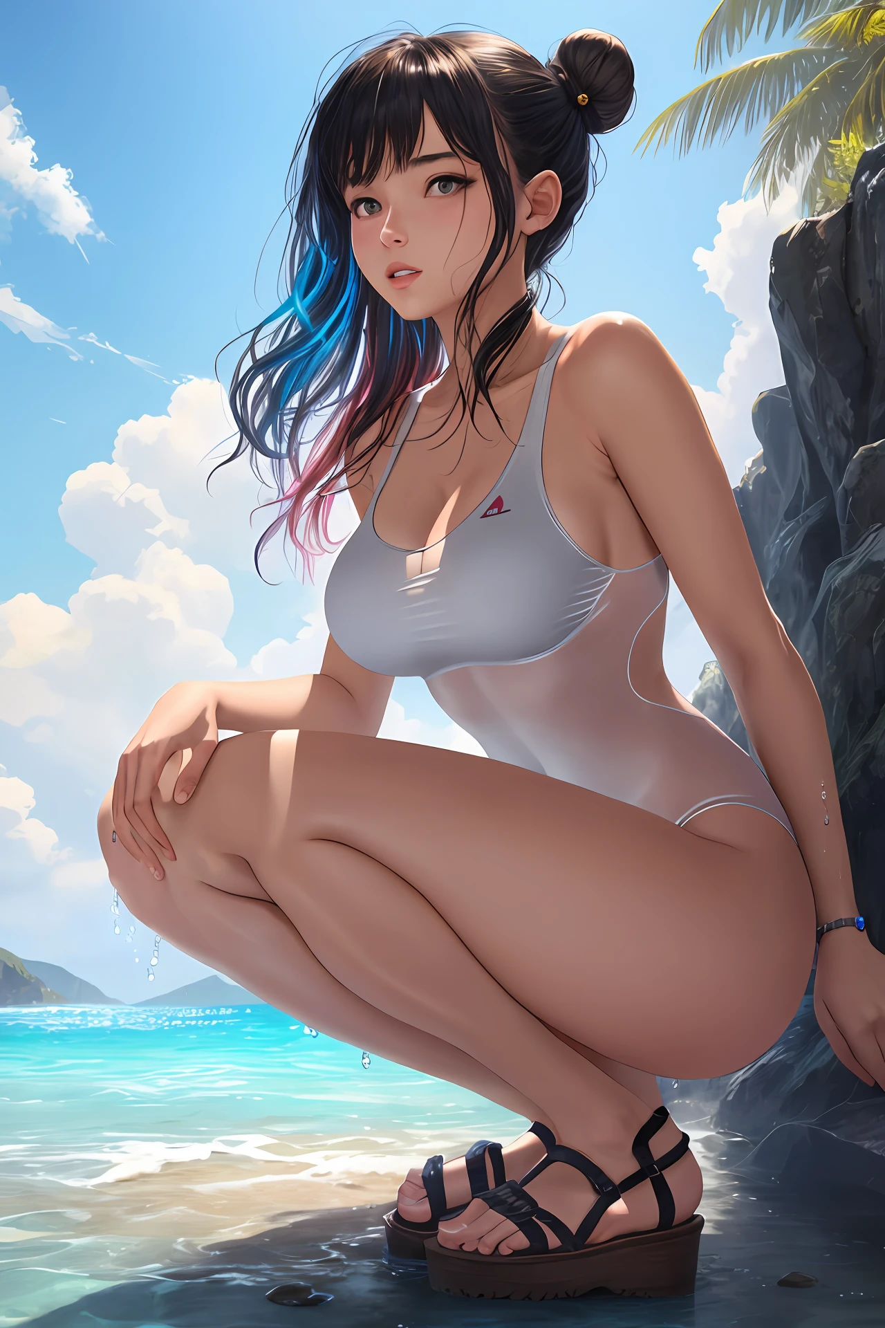 1girl, realistic, Stereoscopic feeling, finely detail, cowboy_shot, from_below, squatting, shiny_skin, obesity, girl,woman,female, young,, medium hair, big hair, asymmetrical bangs, hair slicked back, hair bun, detailed black hair, multicolored hair, hair blowing with the wind, Delicate facerain, embarrassed, beautiful detailed eyes, parted_lips, bare_shoulders, navel, wet skin, one-piece_swimsuit, no_bra, sandals, see-through, underboob, Exquisite cloth, silver Clothes, water, ocean, sunlight, extremely CG, ((bottom less)), ((no panty))