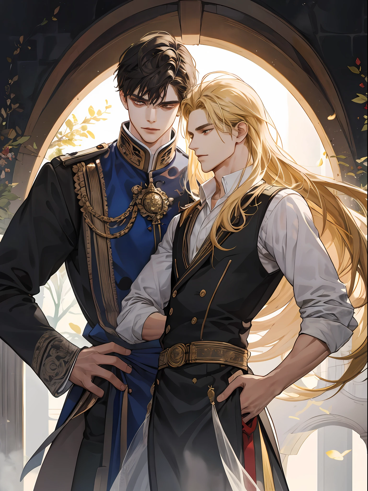 (extreamly delicate and beautiful:1.2), in 8K, (巨作, best:1.0), Two Men, body complet, Blonde long-haired man, Middle-aged man with short black hair, seethru school uniform, knights, and intricate detailing, and intricate detailing, finely eye and detailed face, Perfect eyes, Equal eyes, (A male god), Fantastic lights and shadows、landscapes、florals, Uses backlight and rim light