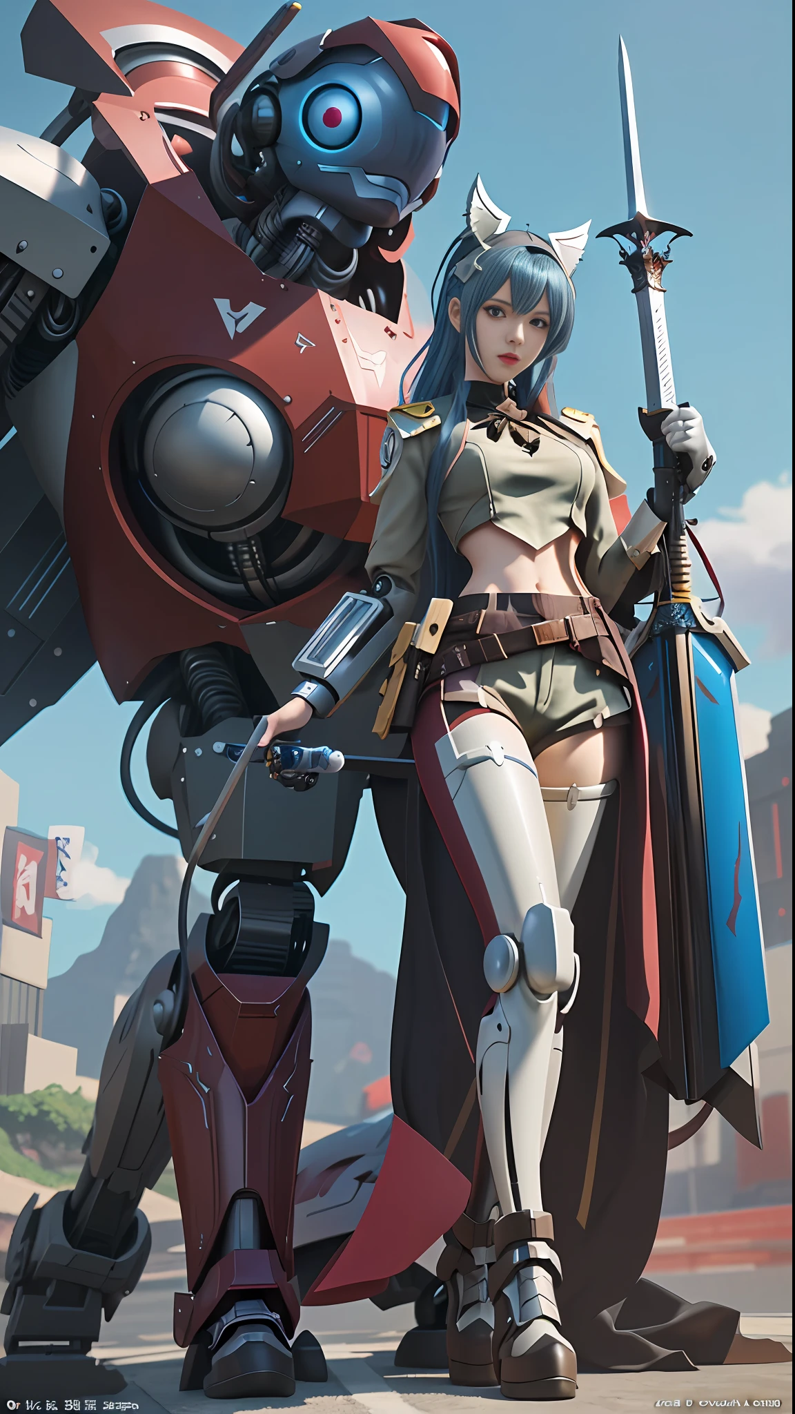 a close up of a person holding a sword and a robot, advanced digital anime art, Detailed digital anime art, 3 D CGI anime fantasy artwork, Mechanized Valkyrie girl, From Arknights, Detailed anime artwork, wlop and krenz cushart, Best anime 4k konachan wallpaper, anime robotic mixed with organic, Anime fantasy artwork