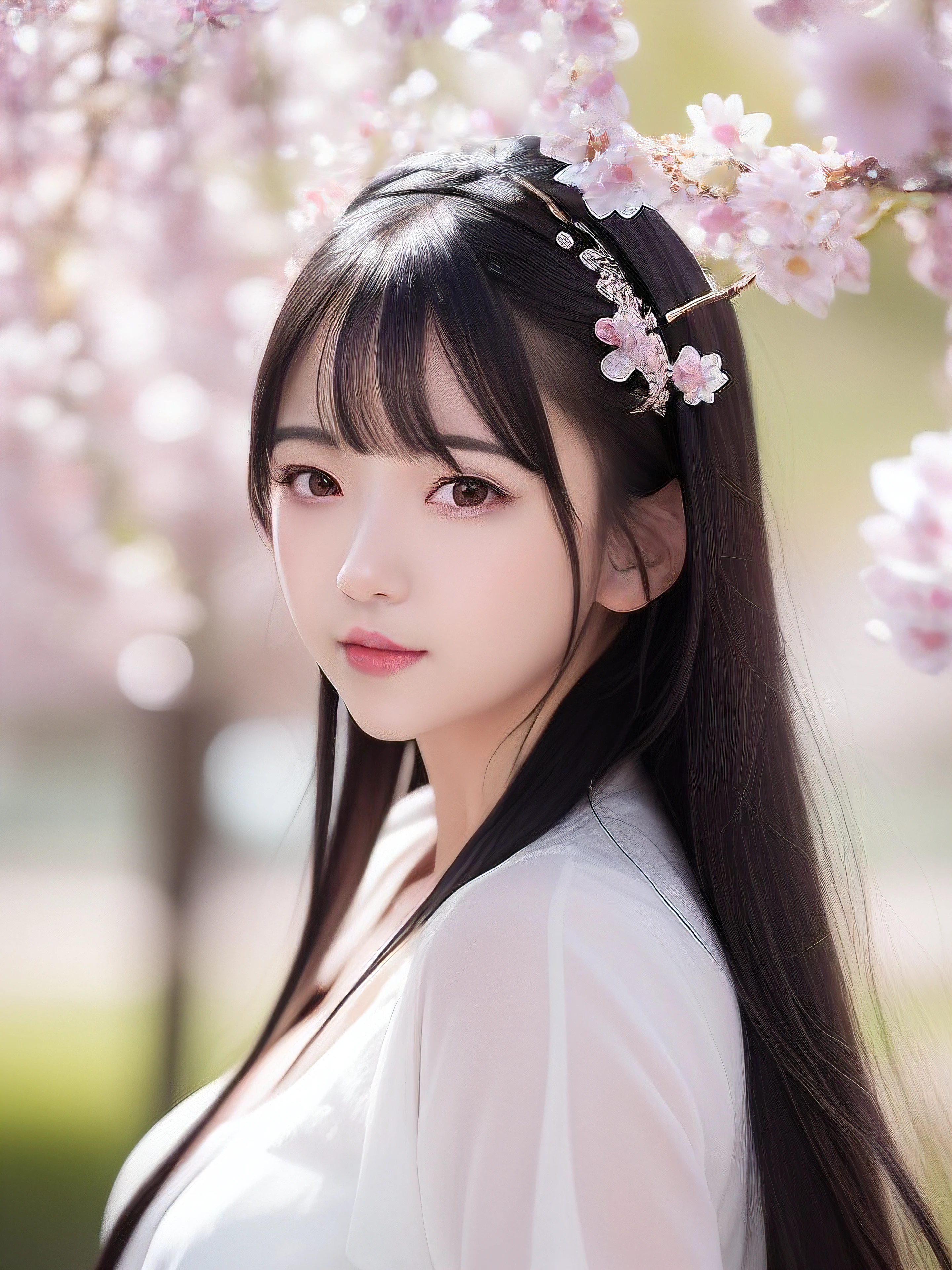 best quality, ultra high res, (photorealistic:1.4), 1girl, artist_name, black_hair, blurry, blurry_background, blurry_foreground, branch, cherry_blossoms, dandelion, dango, depth_of_field, eyelashes, face, falling_petals, floral_background, flower, hanami, lips, long_hair, nose, outdoors, petals, pink_flower, plum_blossoms, sanshoku_dango, solo, spring_\(season\), tree, white_flower, wisteria VIRTUALGIRL-AIM,BANGS, STRAIGHT HAIR, LONG HAIR, BLACK HAIR, BLACK EYES, CRYSTAL PENDANT, MEDIUM BREASTS, smile,