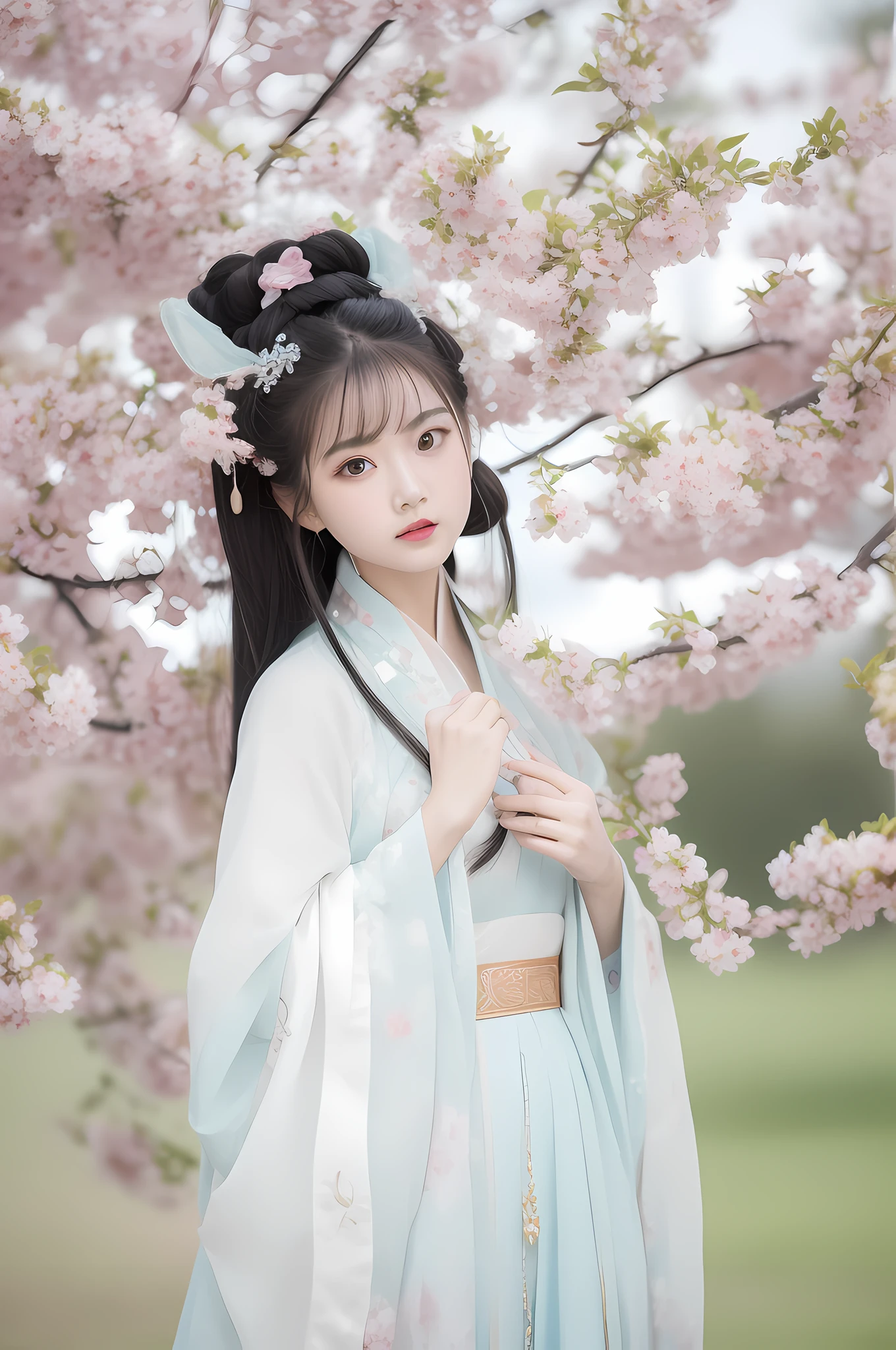 arafed woman in a blue and white dress standing under a tree, HD fingers,royal palace , A girl in Hanfu, Hanfu, White Hanfu, Wearing ancient Chinese clothes, Middle metaverse, with acient chinese clothes, a beautiful fantasy empress, ancient chinese beauties, spring goddess, ancient chinese princess, full body xianxia, Chinese costume,high definition detail,8k