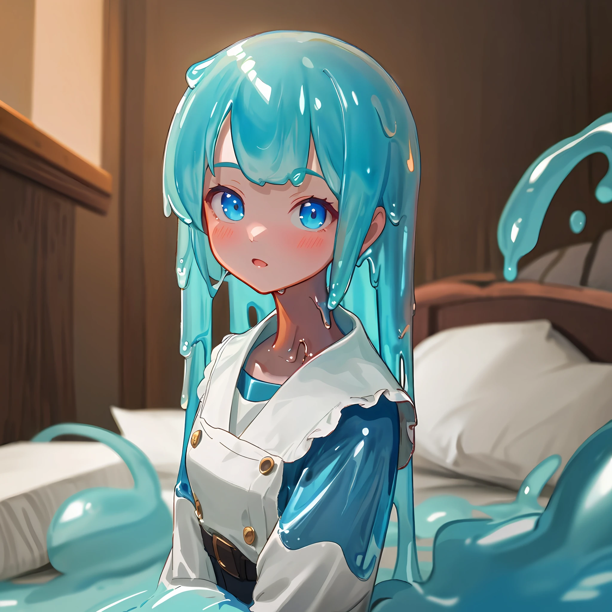 (masterpiece), best quality, 1girl, solo, slime girl, ligh, bedroom, loli, blue slime girl, upper body shot, portrait, digital art, beautiful, illustration, trending on artstation, featured on pixiv