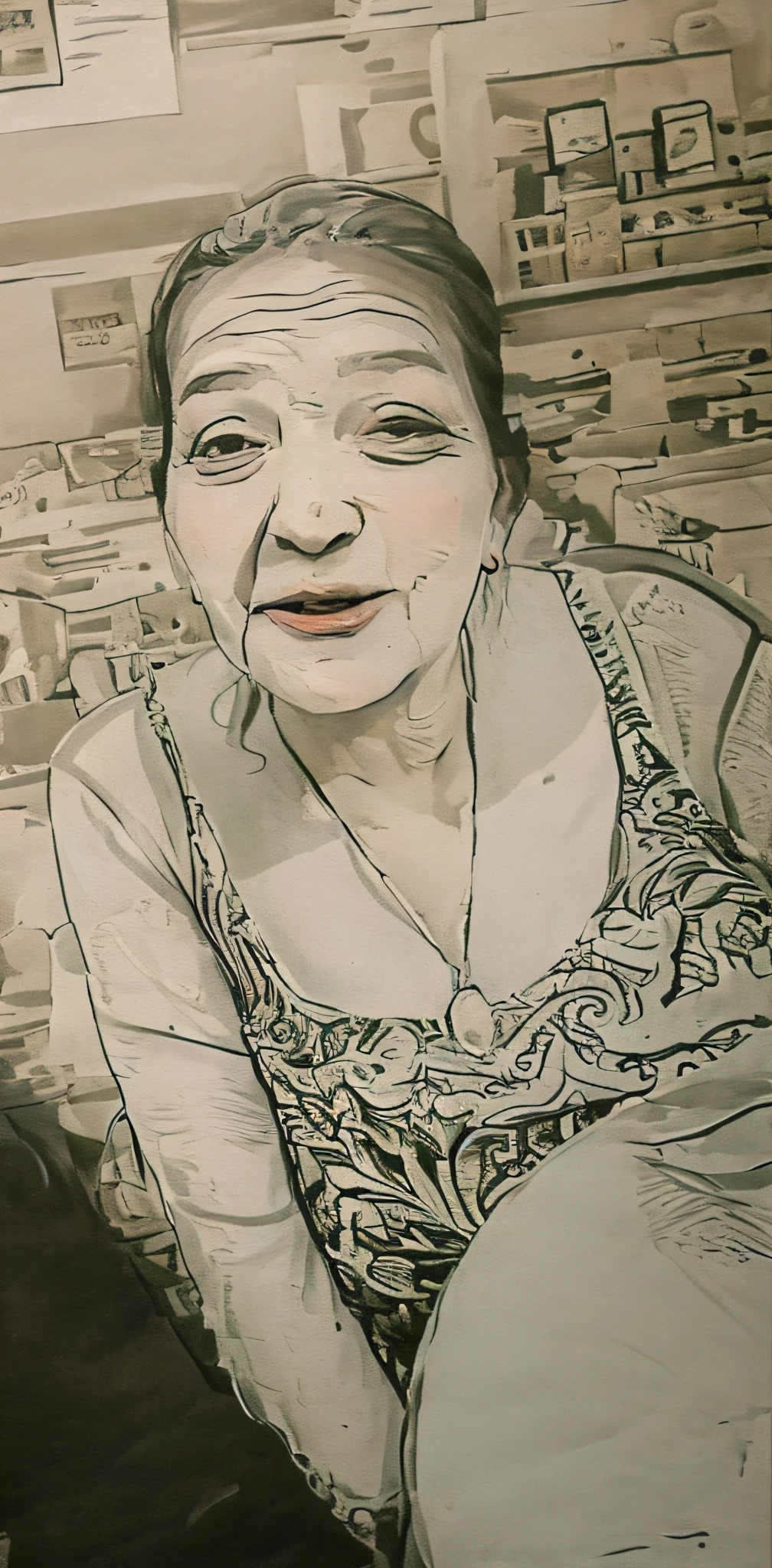 Hay una mujer que sostiene un frisbee en la mano, Dibujado con Photoshop, she is about 7 0 years old, Arte digital pero foto, Imagen muy granulada, Foto granulada de una mujer fea, Aspecto viejo, grainy low quality photograph, foto granulada, Arte digital - W 640, Boceto digital, dibujo digital