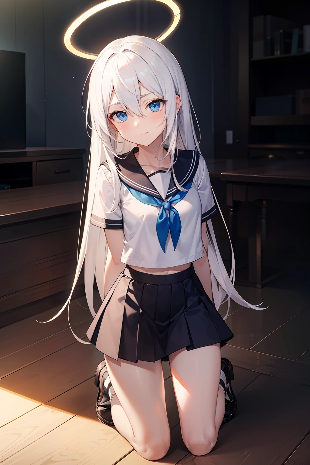 巨作, Best quality, 巨作,Best quality,offcial art,Extremely detailed CG Unity 8k wallpaper, crepuscular, strong rimlight, intense shadow, Game_CG, girl, hair between eyes, Blue eyes, Small breasts, tsurime, Long hair, White hair, Putting up with_face, Kneeling, Naughty_face, serafuku,body complet,,metal halo,a glowing halo,