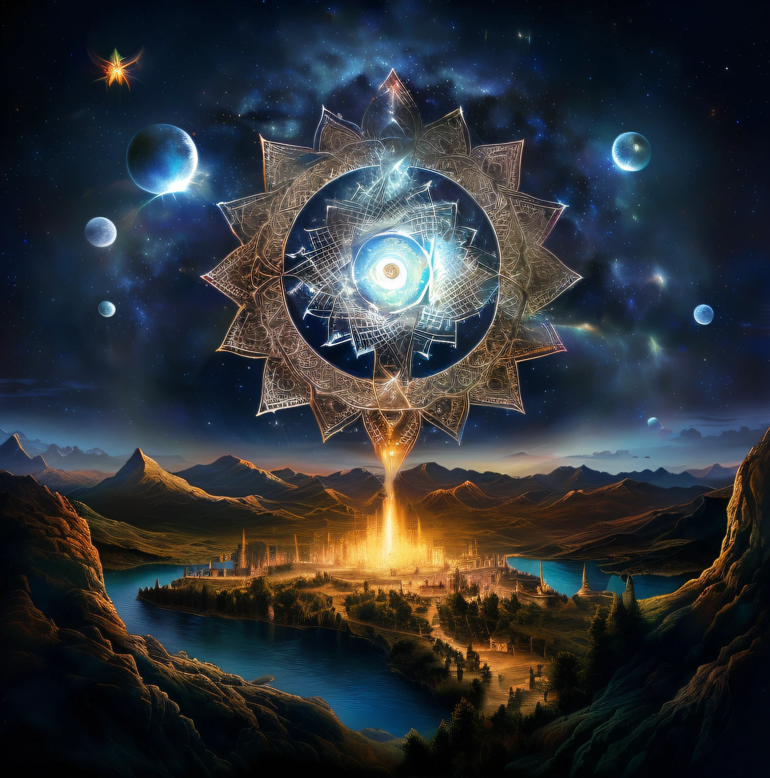 Pintura de una ciudad rodeada de una estrella y un gran sol, Ilustraciones de psytrance, inspirado por Johfra Bosschart, por Johfra Bosschart, symmetrical epic fantasy art, Apariencia astral, Estructuras fractales sagradas, fantasy drawing made of fractals, enlightenment. intrincado, magic portal in the sky, fractal sacred geometry, Pintura barroca. cielo iluminado por las estrellas