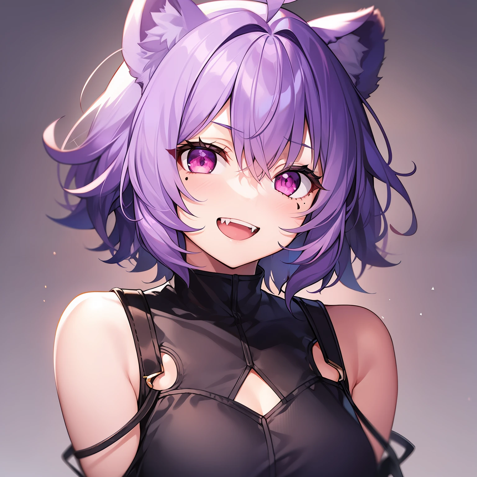 1girl, solo, animal ears, pose, happy, smiling, fangs, purple bear ears, purple hair, looking at viewer, ahoge, bangs, short hair, original character, pink eyes, magenta eyes, red eyes, multicolor eyes, short hair, wavy hair, swept bangs, small breasts, flat chest, bear ears, tired, sleepy, bags under eyes, beauty mark, young, loli, short eyebrows