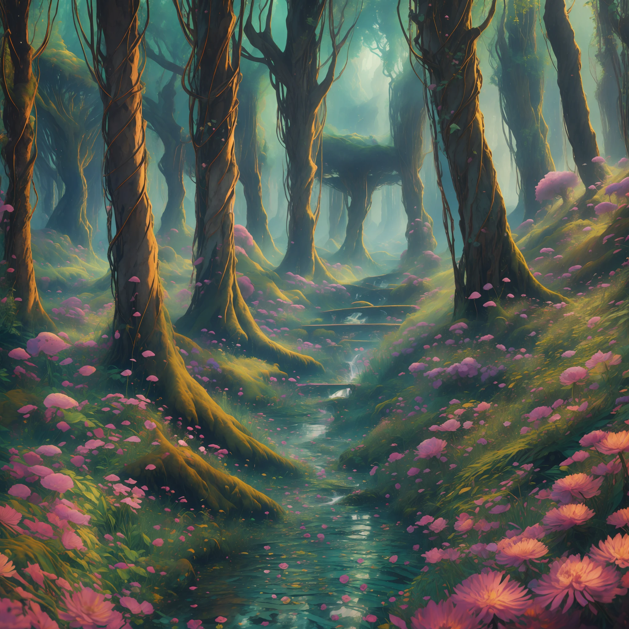 masterpiece, best quality, high quality, extremely detailed CG unity 8k wallpaper, The vast and quiet magical forest stretches to the horizon, with dense green trees grouped in deep harmony, as the fresh breeze whispers through their leaves, creating a stunning and peaceful landscape vista photography by Carr Clifton & Galen Rowell, 16K resolution, Landscape veduta photo by Dustin Lefevre & tdraw, 8k resolution, detailed landscape painting by Ivan Shishkin, DeviantArt, Flickr, rendered in Enscape, Miyazaki, Nausicaa Ghibli, Breath of The Wild, Bokeh, Depth of Field, HDR, bloom, Chromatic Aberration ,Photorealistic,extremely detailed, trending on artstation, trending on CGsociety, Intricate, High Detail, dramatic, art by midjourney
