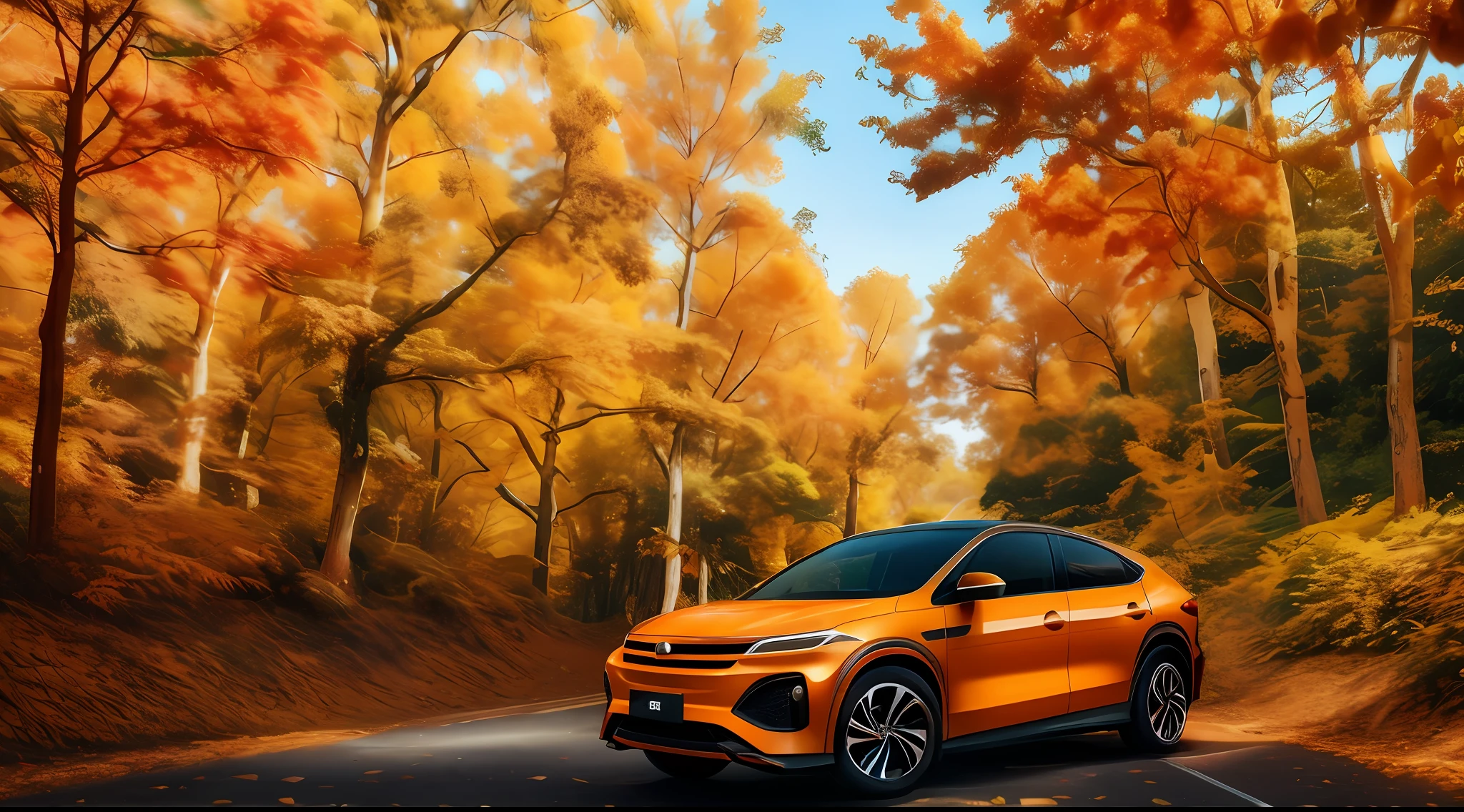 arafed orange car parked on a road in front of a forest, 12K, 1 2 k, 4 ), 6k, 🕹️ 😎 🔫 🤖 🚬, orange fog, 8 k'', 8K, scenic full shot, 9 k, 9K, 16k, 1 6 k, Innovative, highlight, Autumn, nanquan