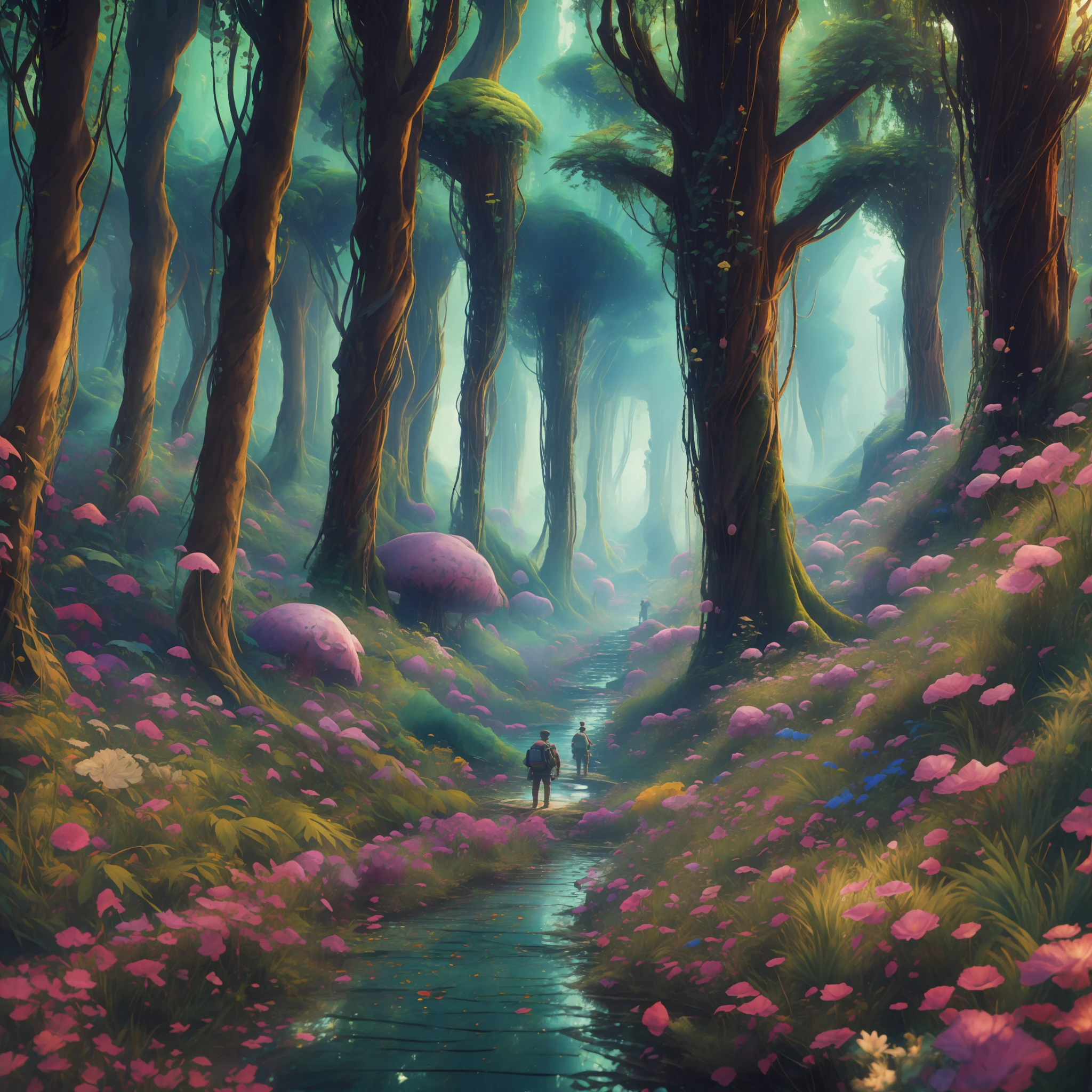 masterpiece, best quality, high quality, extremely detailed CG unity 8k wallpaper, The vast and quiet magical forest stretches to the horizon, with dense green trees grouped in deep harmony, as the fresh breeze whispers through their leaves, creating a stunning and peaceful landscape vista photography by Carr Clifton & Galen Rowell, 16K resolution, Landscape veduta photo by Dustin Lefevre & tdraw, 8k resolution, detailed landscape painting by Ivan Shishkin, DeviantArt, Flickr, rendered in Enscape, Miyazaki, Nausicaa Ghibli, Breath of The Wild, Bokeh, Depth of Field, HDR, bloom, Chromatic Aberration ,Photorealistic,extremely detailed, trending on artstation, trending on CGsociety, Intricate, High Detail, dramatic, art by midjourney