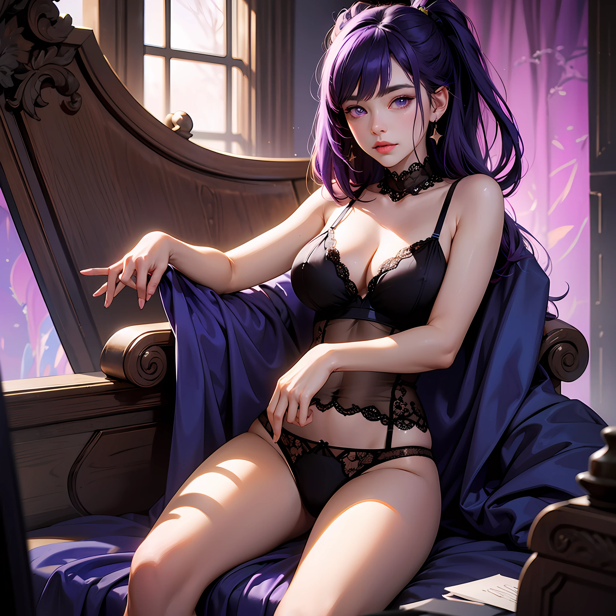 masterpaintings,Best Quority,1girl huge large breasts,officla,Purple eye,purple color hair,plumw,cowboy lens,looking ath the viewer,darkly,(darkly),Cinematic light,rim-light,finely-detailed eyes,(PureErosFace_V1:0.5),looking ath the viewer,(fidelity:1.2)、tease、Honkai Star Orbit、Cross legs、Arrogant、By bangs、Apocalyptic background,Erotic lingerie,Purple panties --auto