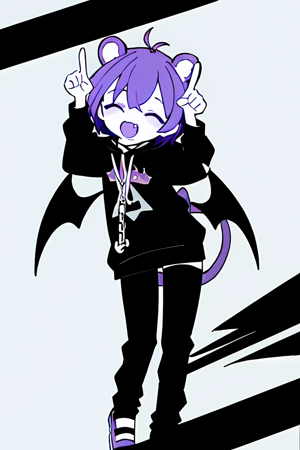 (masterpiece, best quality:1), 1girl, solo, internet yamero, 1girl, solo, smile, open mouth, finger raised, ^ ^, masterpiece, simple background, SFW, safe, hires, absurdres, purple hair, short hair, wavy hair, fluffy hair, ahoge, devil horns, magenta eyes, pink eyes, pale skin, 1 fang, 1fang, fang, wings, demon wings, beauty mark, bear ears, kemonomimi, bear girl, demon girl, wavy bangs, bangs, 1girl, solo, alone, flat chest, small breasts, demon horns, baggy clothes, fully clothed, covered chest, demon tail, bear tail, swept bangs, wispy bangs, bags under eyes, purple bear ears, eyeliner, emo, alternative fashion, streetwear, street fashion, half closed eyes, half-closed eyes, lidded eyes, bored, smiling, smile, fanged smile, sleepy, friendly, purple, no ears, devil horns, demon horns, young, chains, accessories, (masterpiece, best quality:1)