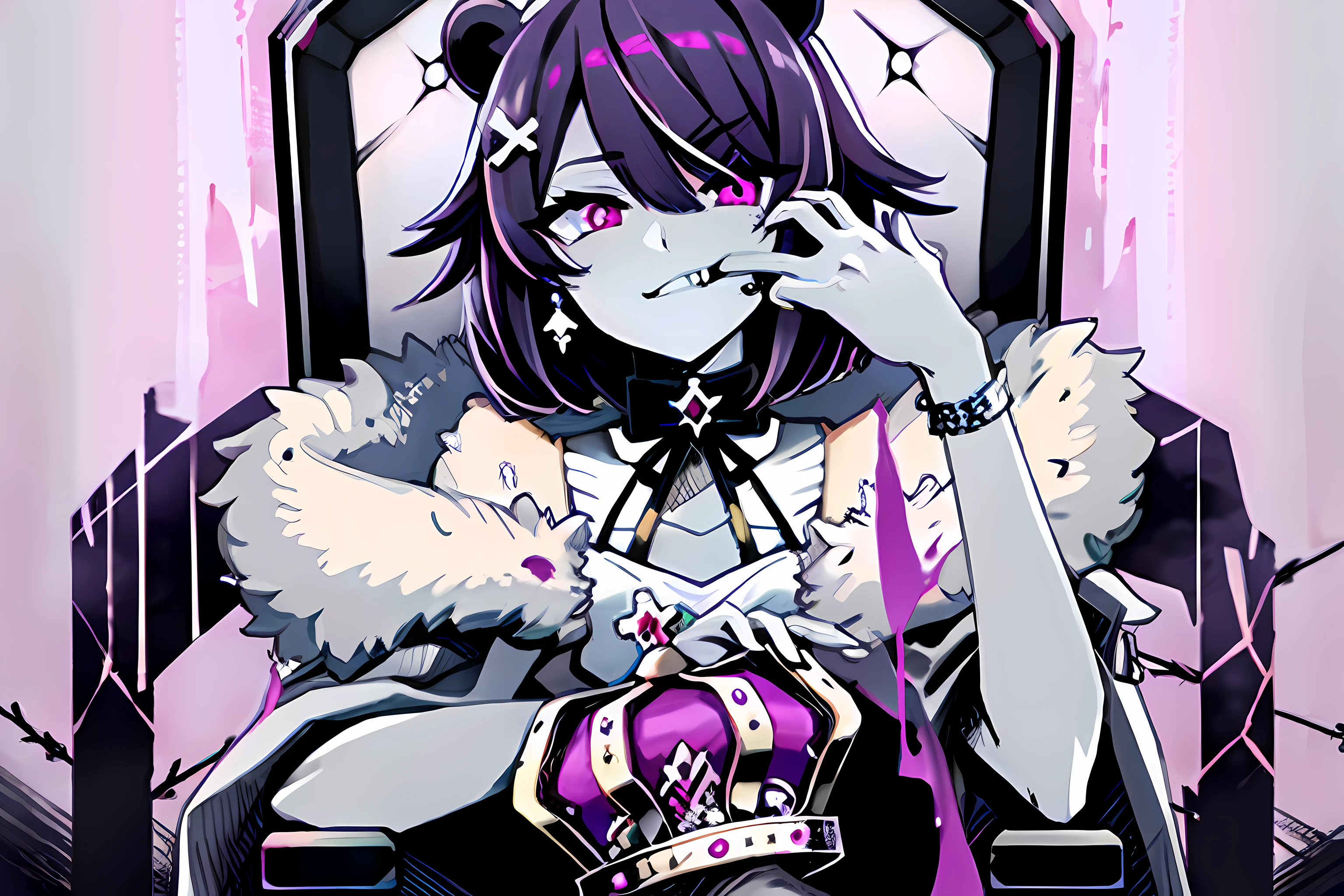 king, looking at viewer, holding, jewelry, earrings, bracelet, crown, throne, masterpiece, SFW, safe, hires, absurdres, purple hair, short hair, wavy hair, fluffy hair, ahoge, devil horns, magenta eyes, pink eyes, pale skin, 1 fang, 1fang, fang, wings, demon wings, beauty mark, bear ears, kemonomimi, bear girl, demon girl, wavy bangs, bangs, 1girl, solo, alone, flat chest, small breasts, demon horns, baggy clothes, fully clothed, covered chest, demon tail, bear tail, swept bangs, wispy bangs, bags under eyes, purple bear ears, eyeliner, emo, alternative fashion, streetwear, street fashion, half closed eyes, half-closed eyes, lidded eyes, bored, smiling, smile, fanged smile, sleepy, friendly, shy, purple, no ears, devil horns, demon horns, young, chains, accessories, (masterpiece, best quality:1)