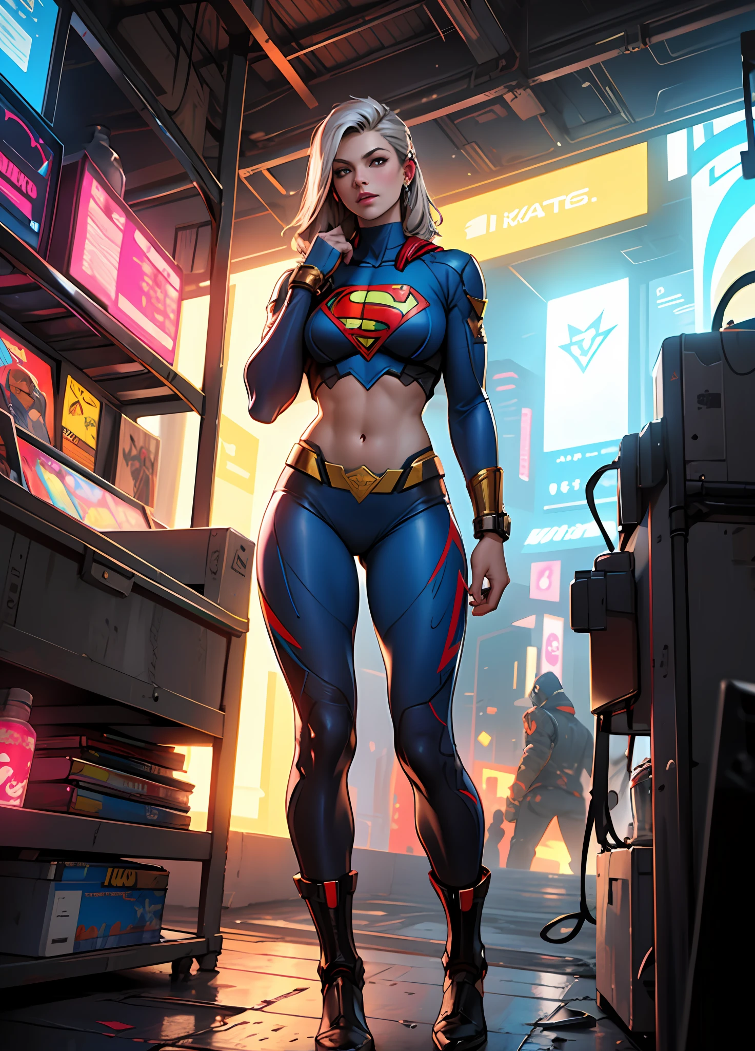 Supergirl pele molhada, (pele branca), pale skinned, juicy lips, (cabelo totalmente loiro encaracolado), Grandes olhos azuis, peito inchado, juicy lips, abdominais, estilo futurista cyberpunk branco. corpo perfeito, hand perfect, perfect feet.  (Loira cyberpunk), cordas cyberpunk brancas, (golden breastplates), meias transparentes brancas cyberpunk. Ela deitada em uma cama futurista em StarCraft cyberpunk futurista preto e branco. Ler um tablet, toca o cabelo, visible whole body, Supergirl Cyberpunk Superheroine Costume.  com letra S do superman ao fundo. , mulher loira,  sem nenhum defeito. --auto