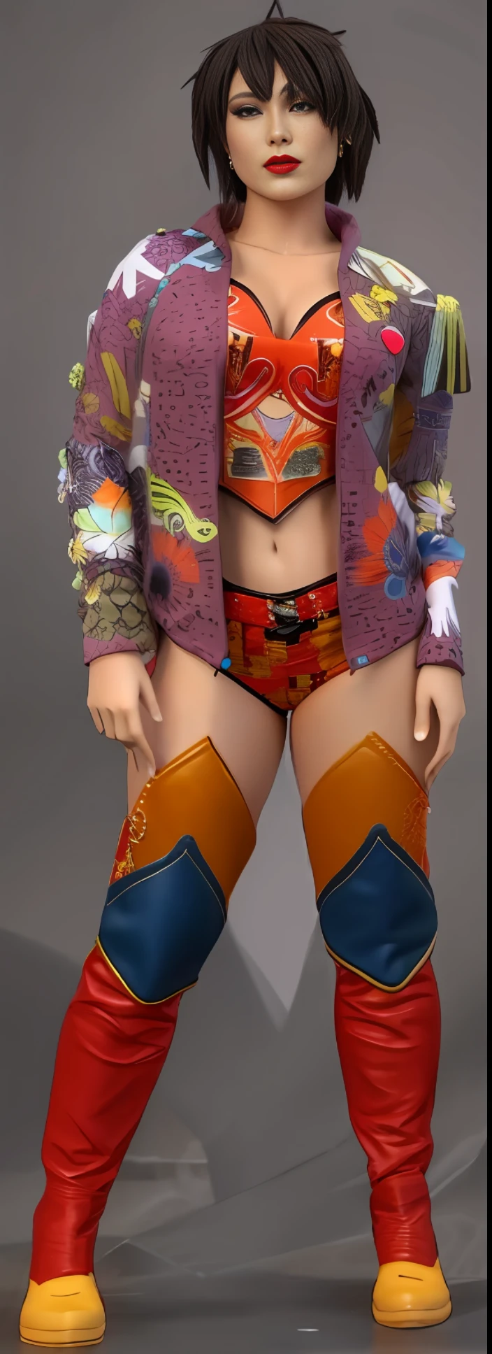 a woman in a colorful outfit and boots poses for a photo, corps entier!! maximalist details, hand painted textures on model, asuka suit under clothes!, asuka as a surfer model, gnarly details, Tenue complexe, Gros plan moyen, medium detail, colorful light leather armor, Haut du torse inclus, accents scintillants sur la figure, in clothes! very detailed