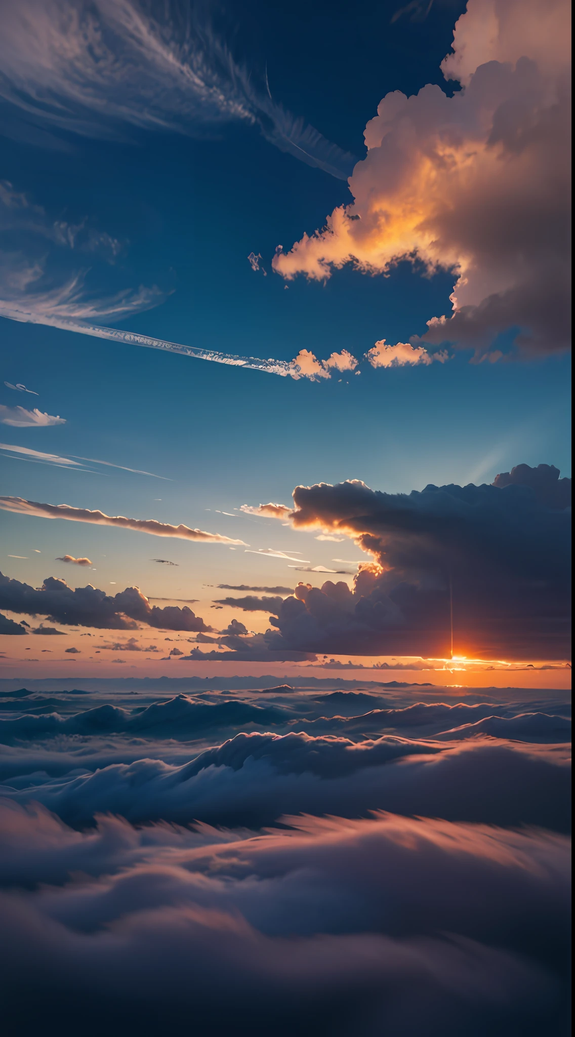 best quality,high resolution,(sunset),red and orange clouds,purple and blue sky,floating clouds, beautiful view, serene and breathtaking, tranquil and peaceful.