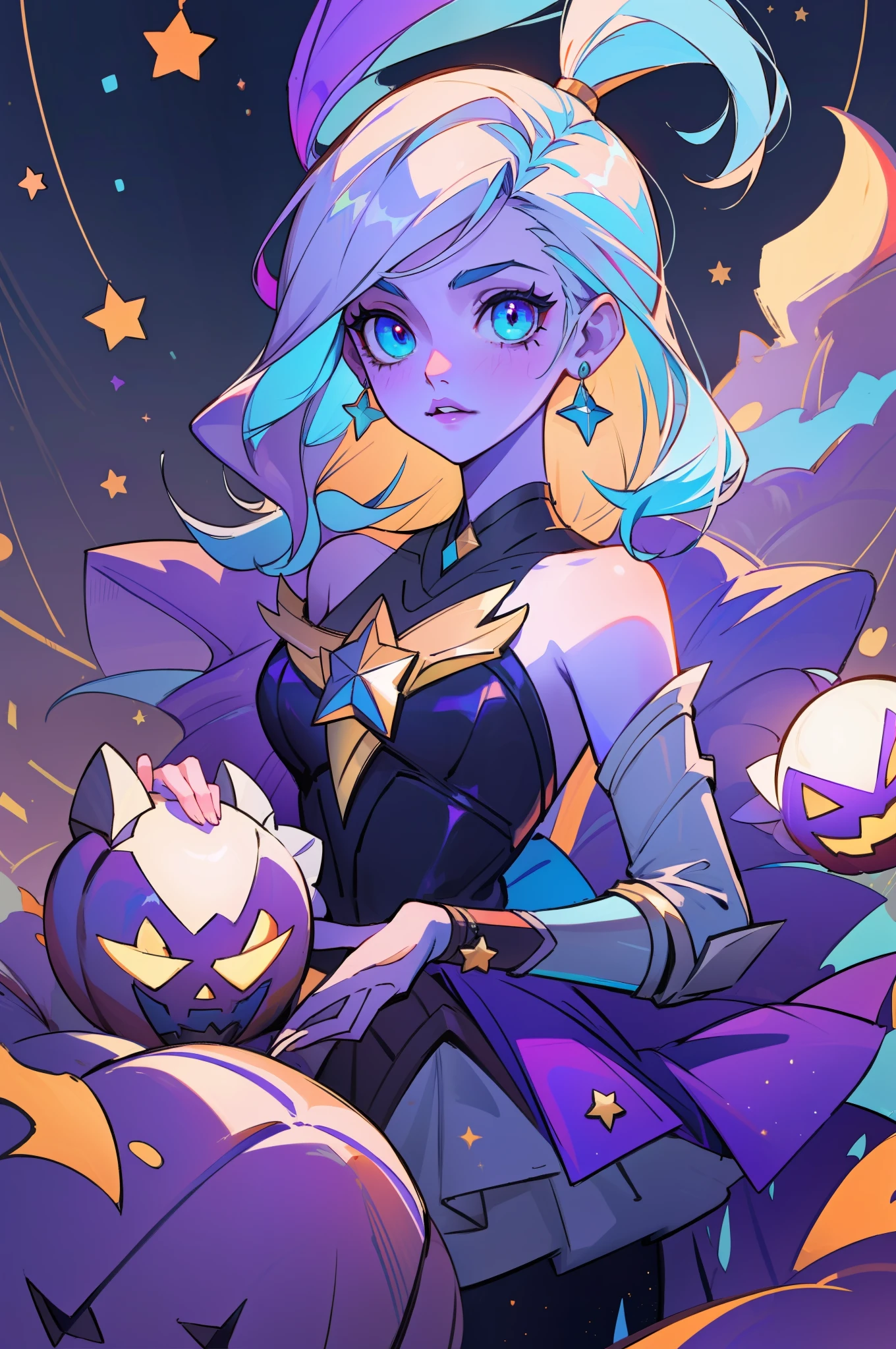 (masterpiece, best quality), intricate details, 8k, artstation, sharp focus, 1girl, star guardian, league of legends, (halloween color theme)
