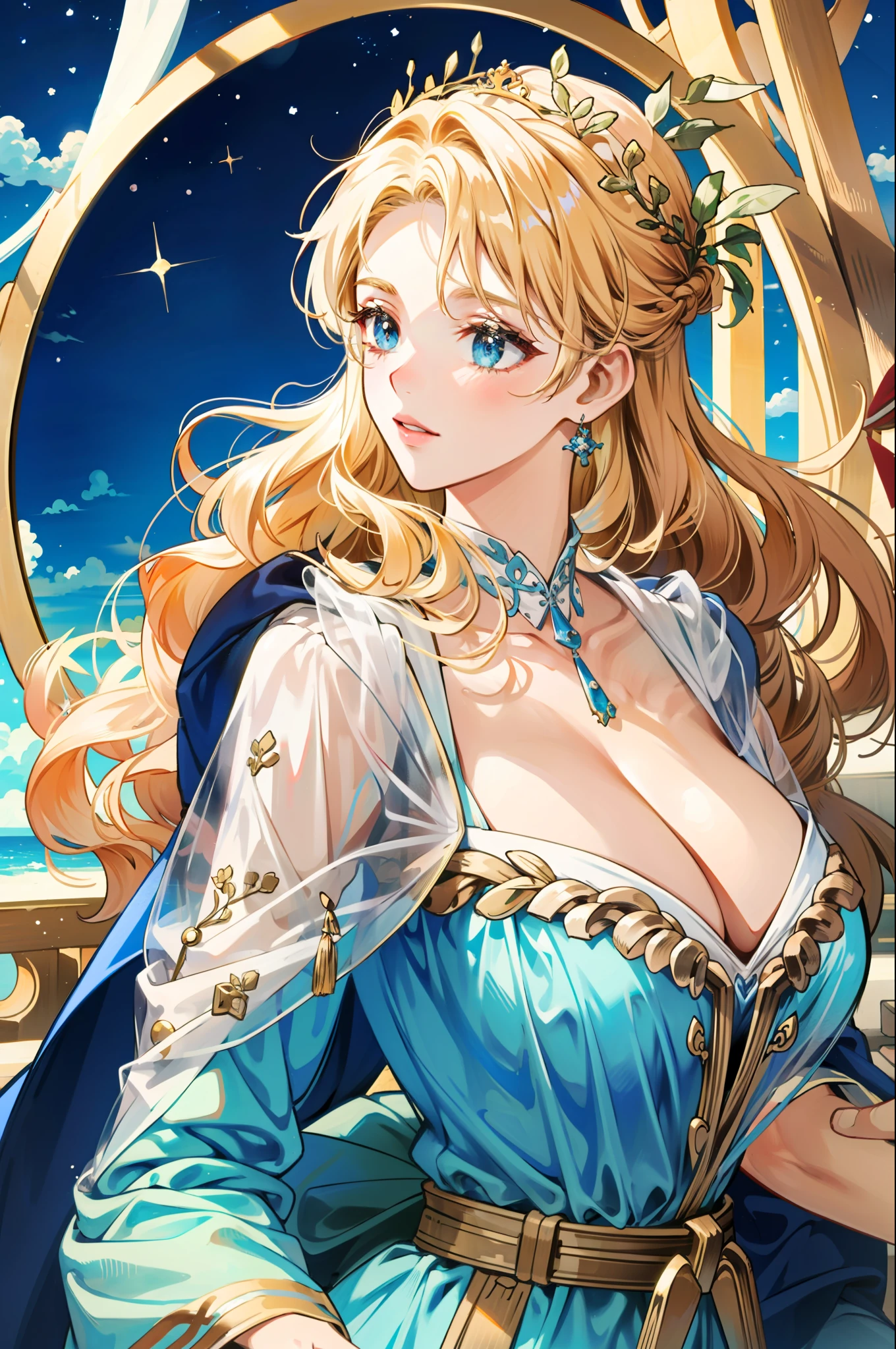 1girl huge large breasts,Greek goddess,Vi delicate and beautiful face,golden hair,Various hairstyles,Garland crown,voluptuous breasts,Convex buttocks,greek clothes,Tulle covers the breasts,perfectly proportioned, Detailed clothing details,Temple,marble,god statue,World Tree,Cinematic lighting, filmgrain, Fujicolor, lightand shade contrast, 8K, 巨作, Textured skin, Super detail, high detailing, High quality, A high resolution,