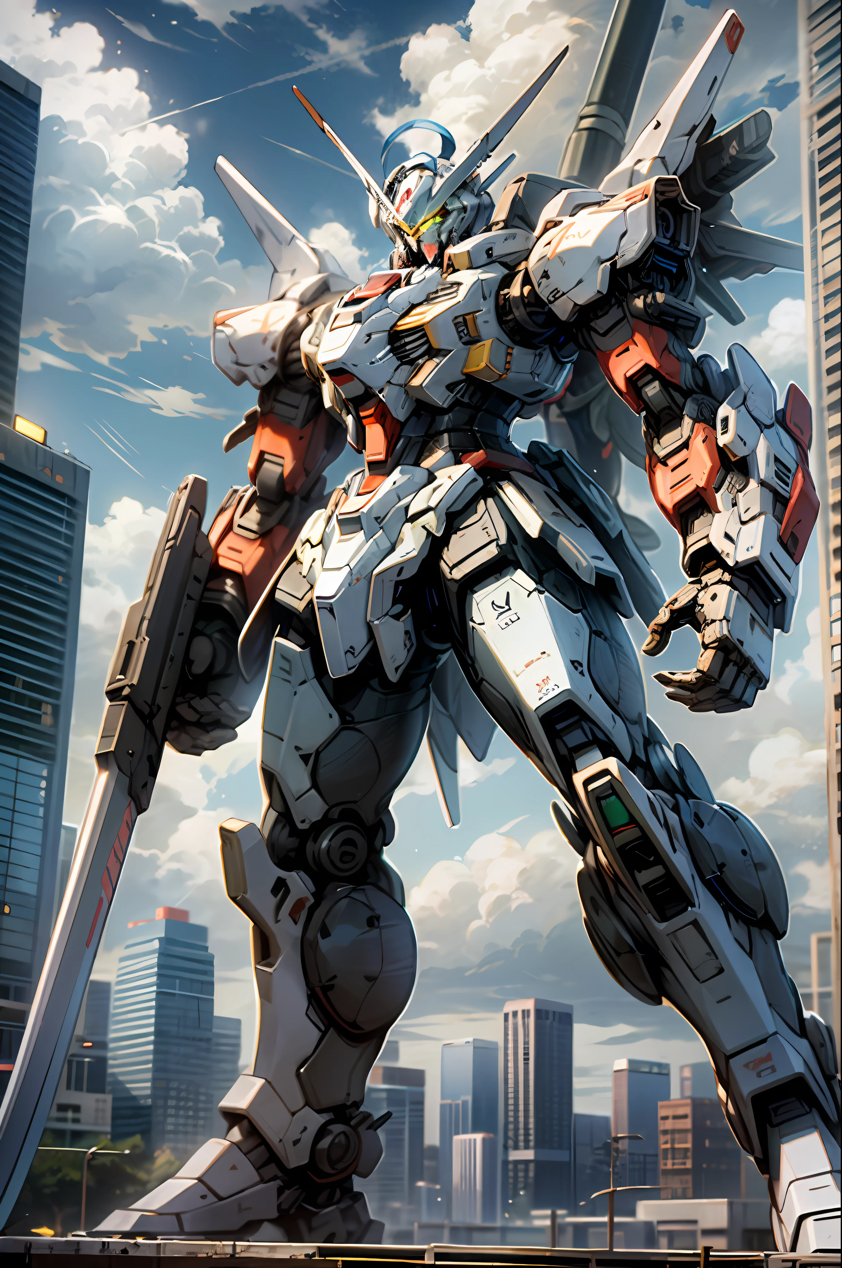 sky, cloud, holding_weapon, no_humans, glowing, robot, building, glowing_eyes, mecha, science_fiction, city, real, mecha, masami ohari, gundam