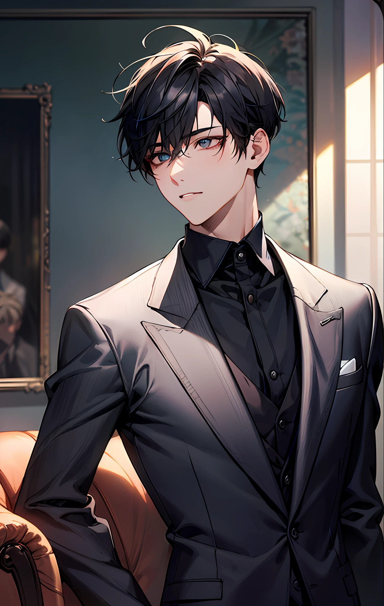 （Best Quority，8K，masterpaintings），1boys，（Eye 1:1，Clear eyes，Elaborate Eyes，Delicate pupils，Details of the eyes，good eyes），Short Hair Hair，black business suits，Face focus，Adults，Black suit，Best Quority，facial detail，Sit in the room，sit on sofa，细致背景，Diffused sunlight，depth of ﬁeld，Background bokeh for optimal light，Best Shadow，cinematiclight，（realskin），raytrace，Unreal Engine 5，Reflective skin，Digital illustration，Game CG characters，super model，（kpop,idol），(Body edge lighting，Colored light sources are around)，There is wind blowing hair，Looking into the distance