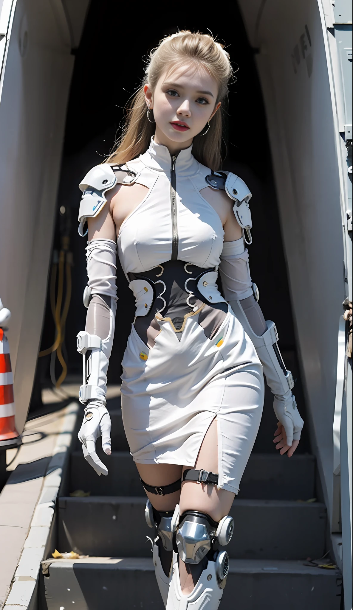 a woman in a futuristic outfit walking down a ramp, in white futuristic armor, cyberpunk dress, biopunk futuristic wardrobe, cyborg fashion model, sci fi futuristic costume, fashionable cyberpunk mechanoid, cyberpunk pearl armor, beautiful white girl cyborg, futuristic outfit, cyberpunk suit, fashionable futuristic woman, porcelain cyborg armor, cyberpunk bodysuit, cyberpunkoutfit, stylish cyborg armor
