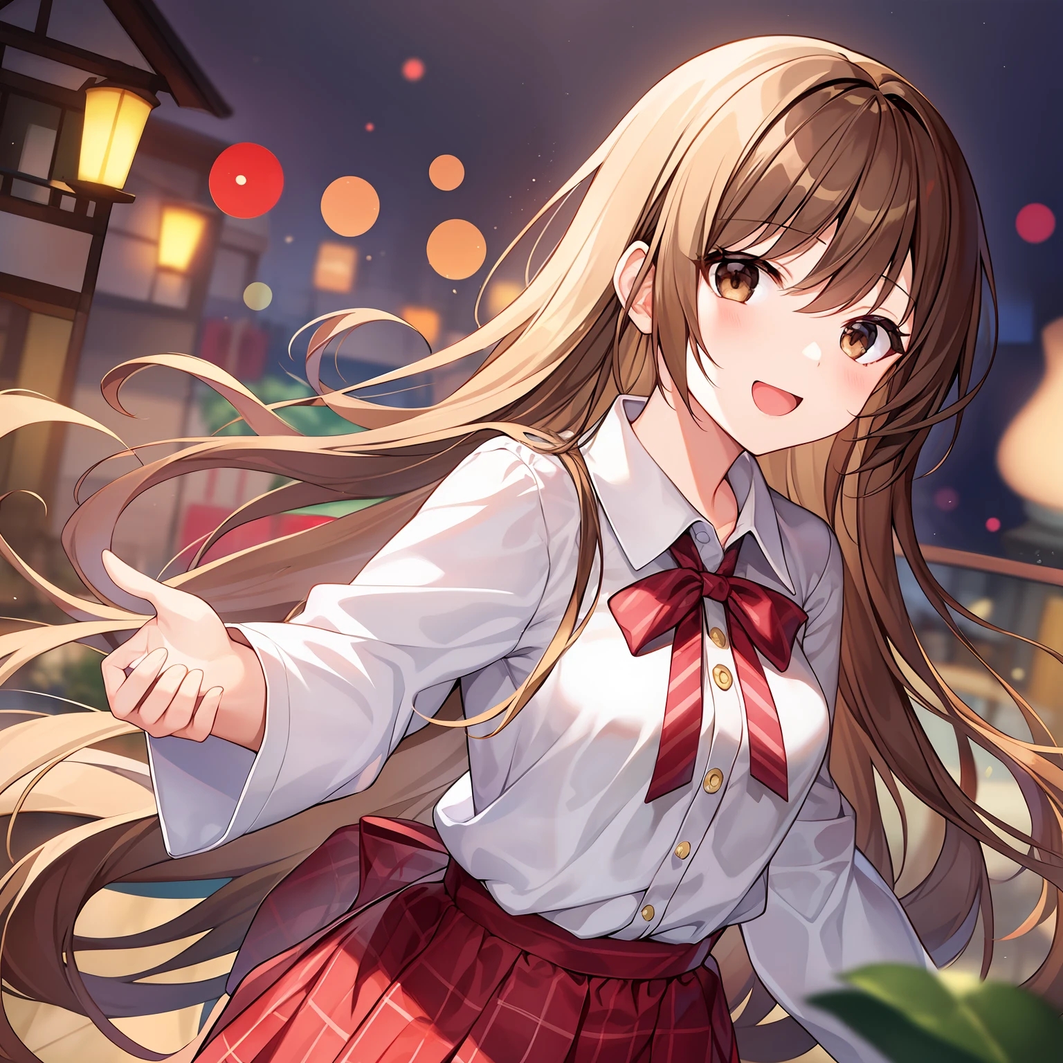 （巨作）8k解像度、最好质量、Girl with open arms and joy、Beige brown semi-long hair、Brown eyes、１０Beautiful Girl of Teenage、very delicate body、