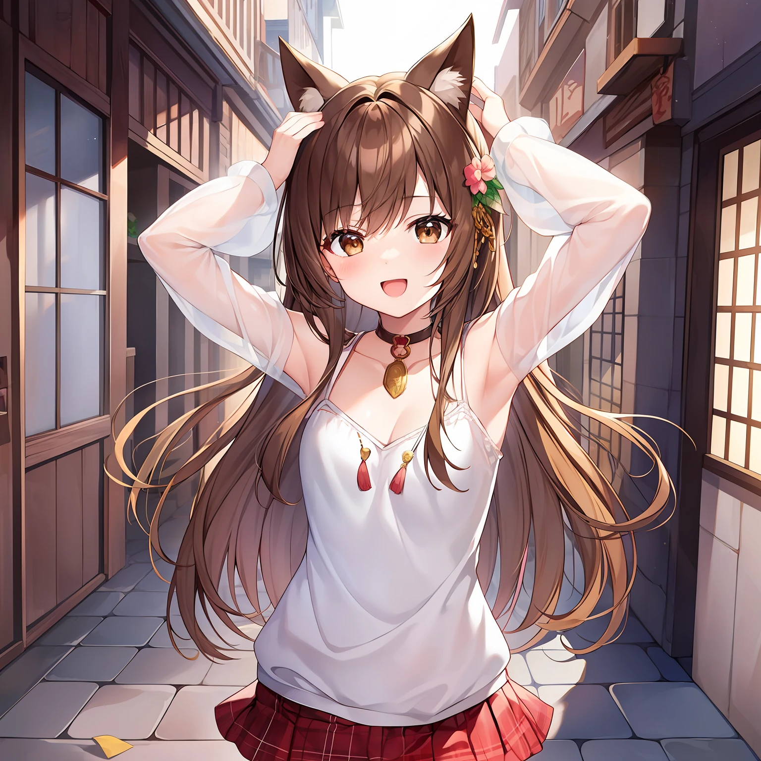 （巨作）8k解像度、最好质量、Girl with open arms and joy、Beige brown semi-long hair、Brown eyes、１０Beautiful Girl of Teenage、very delicate body、