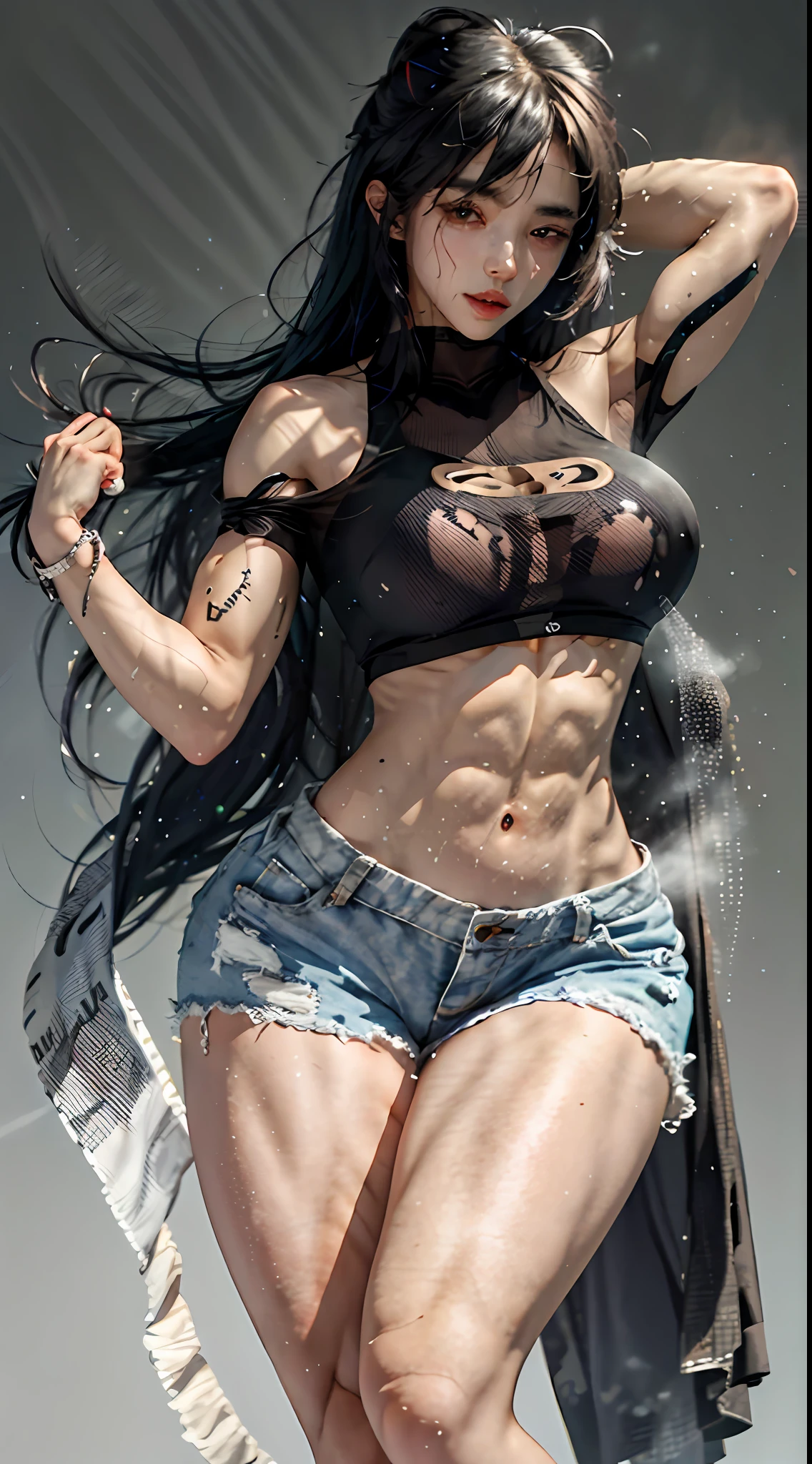 Girl, bangs, bare shoulders, raised arms leaking out of armpits, black shorts, extra huge breasts, breasts squeezed together, white maxi top, gray background, hair between eyes, long hair, super short pants, parted lips, red eyes, simple background, solo, full body photo