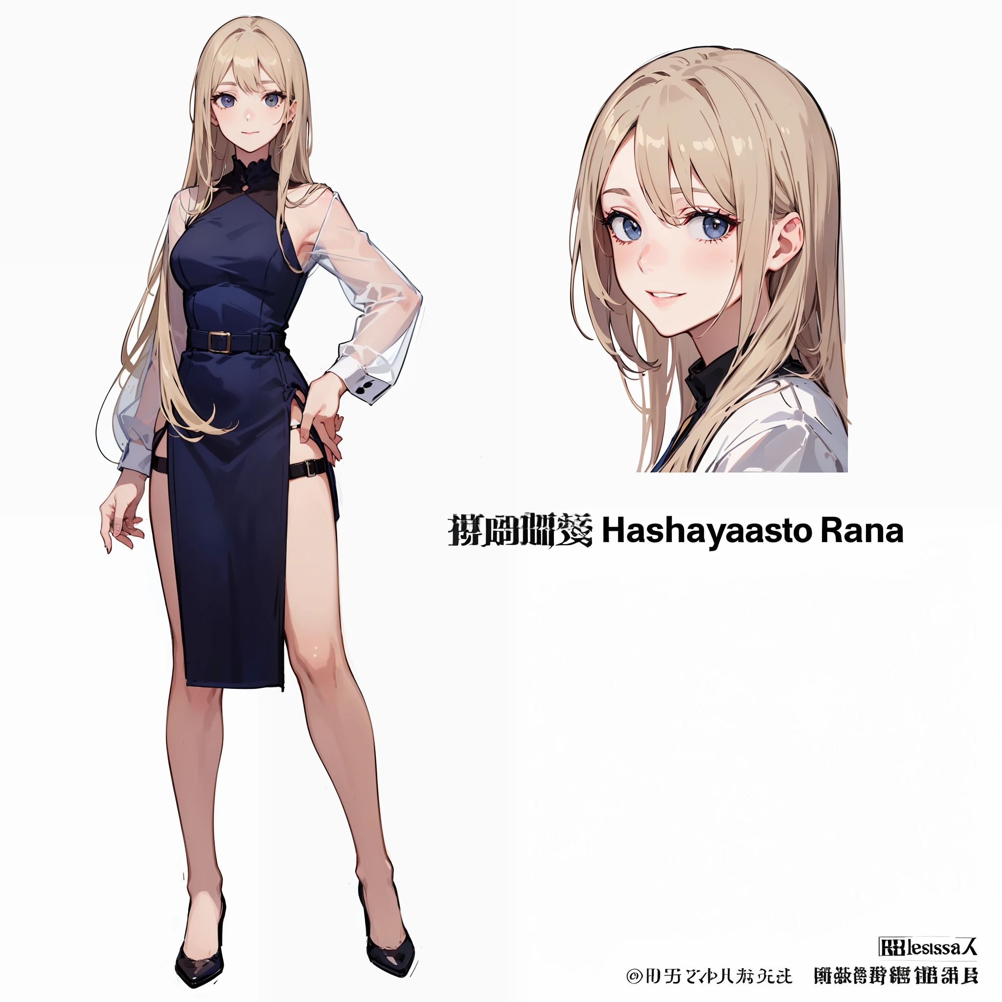((masterpiece, best quality)), (1woman), (solo), (female focus), (dark dirty blonde hair, long hair), black eyes, light smile, closed mouth, dark blue dress, 25 year old woman