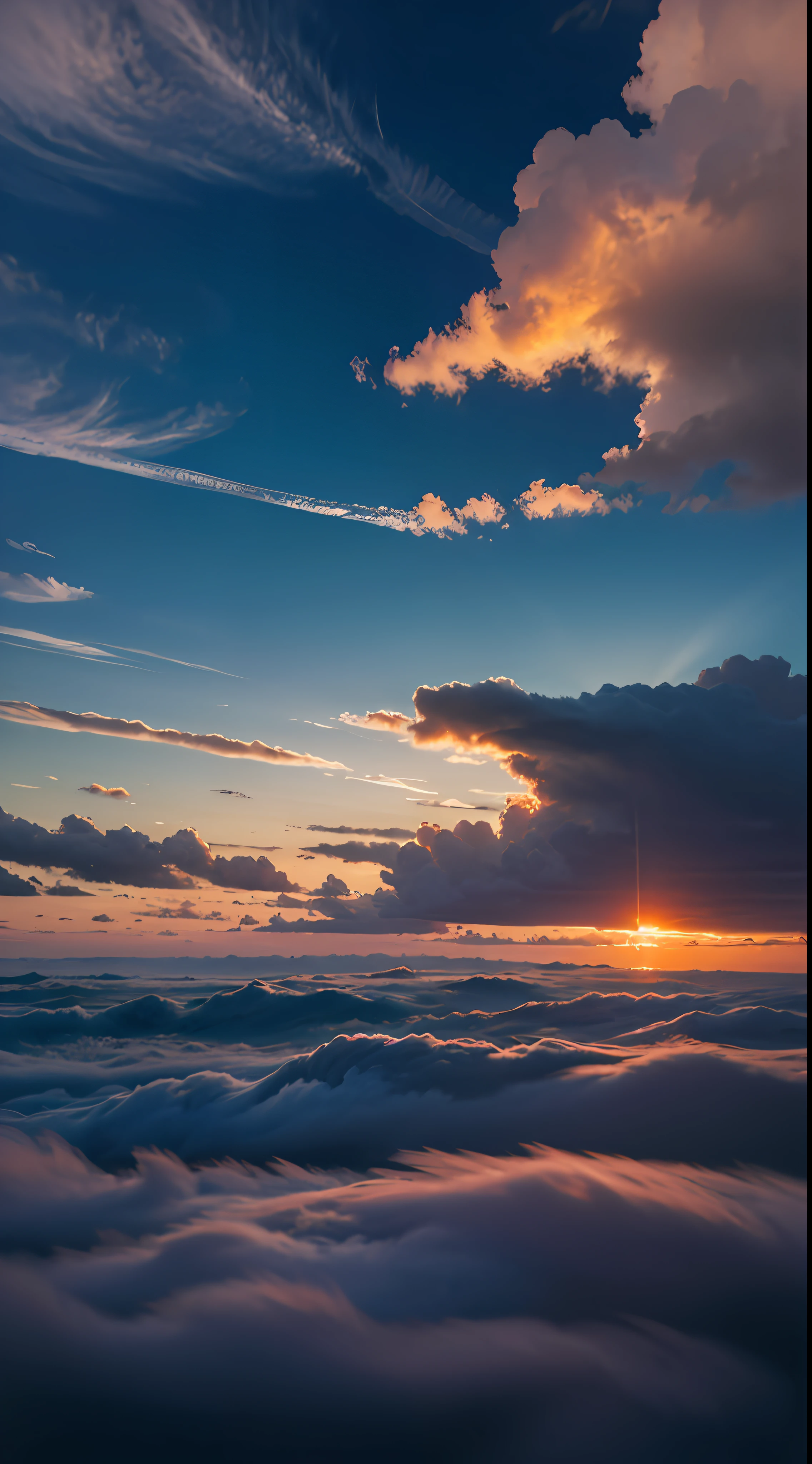 best quality,high resolution,(sunset),red and orange clouds,purple and blue sky,floating clouds, beautiful view, serene and breathtaking, tranquil and peaceful.