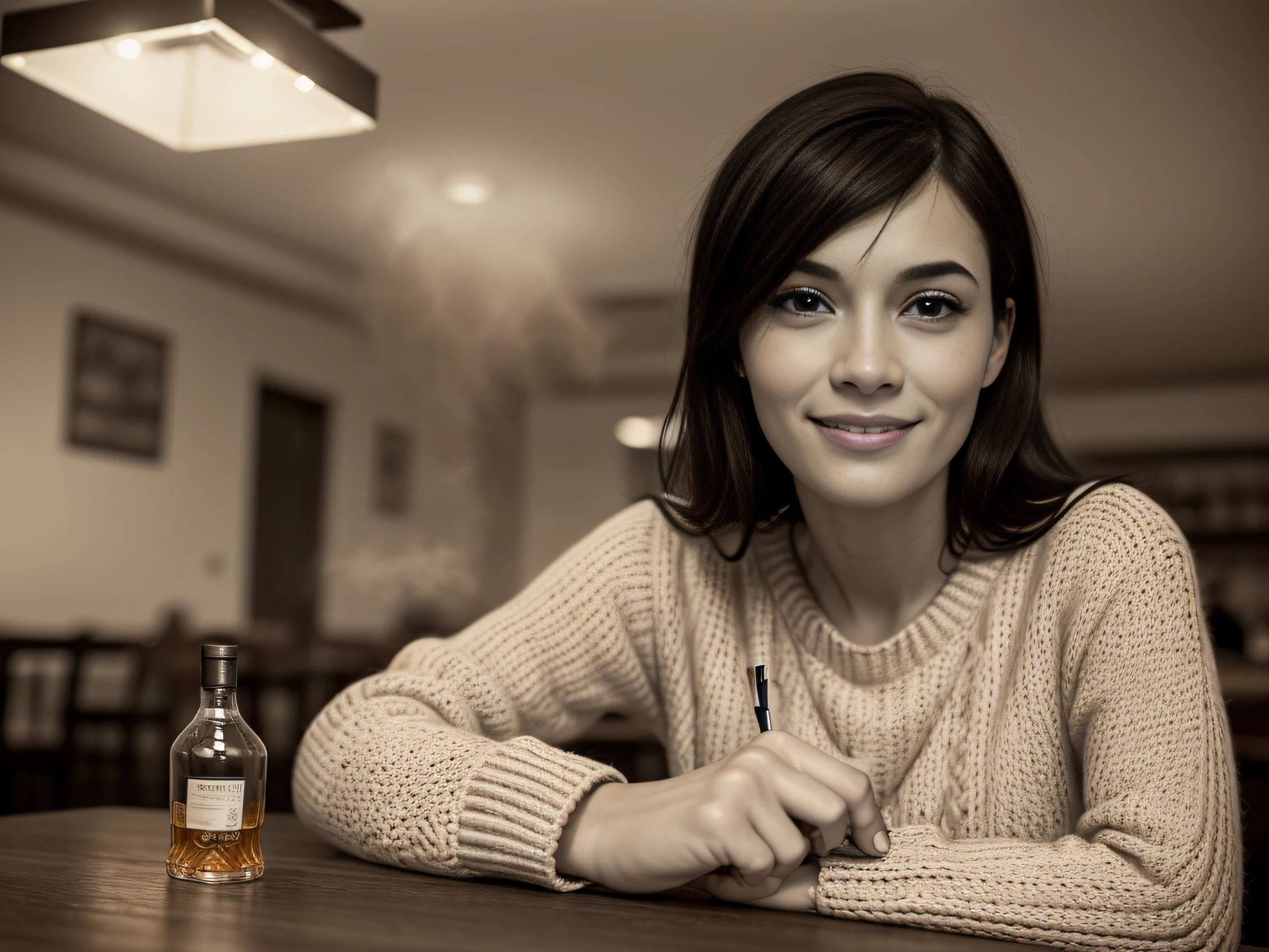 "MONOCHROME B&W IMAGE: 01 WOMAN (solo, 35 years old, French, very similar to Audrey Tautou, long black hair, brown eyes, wearing a wool sweater, expression marks on her face, glint in her eye, enimatic smile, tight smile, staring at a smartphone in her hands) sitting at a TABLE (on the table are an ashtray with cigarettes, half a bottle of whiskey, half a glass of whisky on the rocks) of a typical ENGLISH PUB (whisky club, decoration, faint tobacco ((SMOKE)) in the air) | monochrome (black and white) photo realist, noir atmosphere, soft shadows, llow exposure, high level of detail, high noise, medium sharpness, sharp focus, high contrast, photorealism in UHD, RAW, analog, cinematic quality | P. O.V.: close-up, focus on the character's smile"