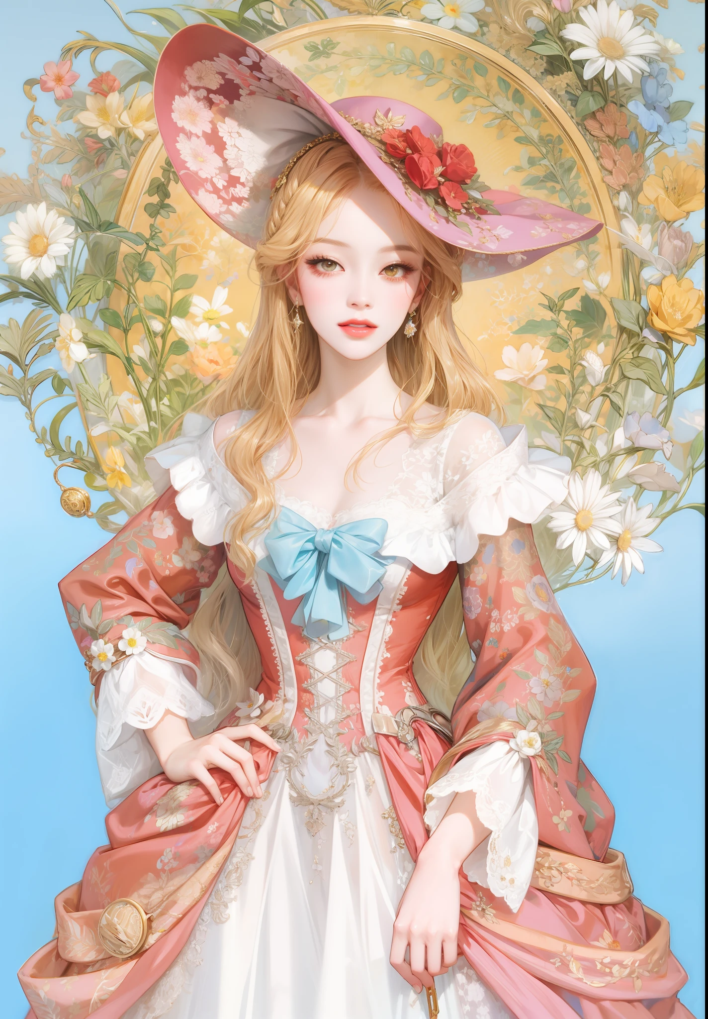 a drawing of a woman in a dress and hat with flowers, rococo queen, rococo fashion, rococo style portrait, Anime Art Nouveau Coreano, rococo portrait, exquisite digital illustration, pintura digital barroca, # rococo, rococo art style, rococo dress, rococo cyberpunk, No estilo de arte de Bowater, Senhora Vitoriana