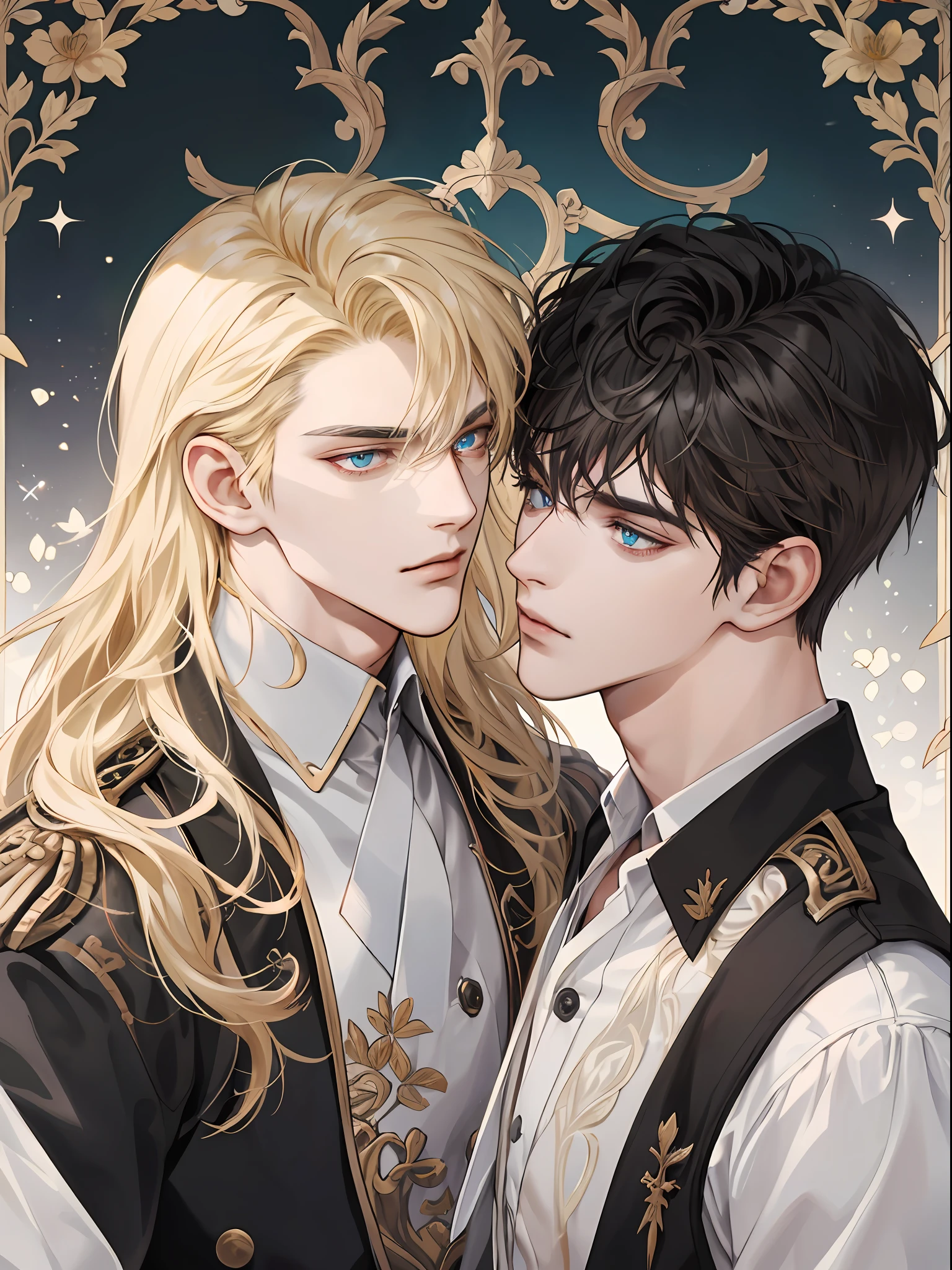 (extreamly delicate and beautiful:1.2), 8K, (巨作, best:1.0), Two Men, body complet, Blonde long-haired man, Middle-aged man with short black hair, seethru school uniform, knights, and intricate detailing, finely eye and detailed face, Perfect eyes, Equal eyes, (A male god), florals,