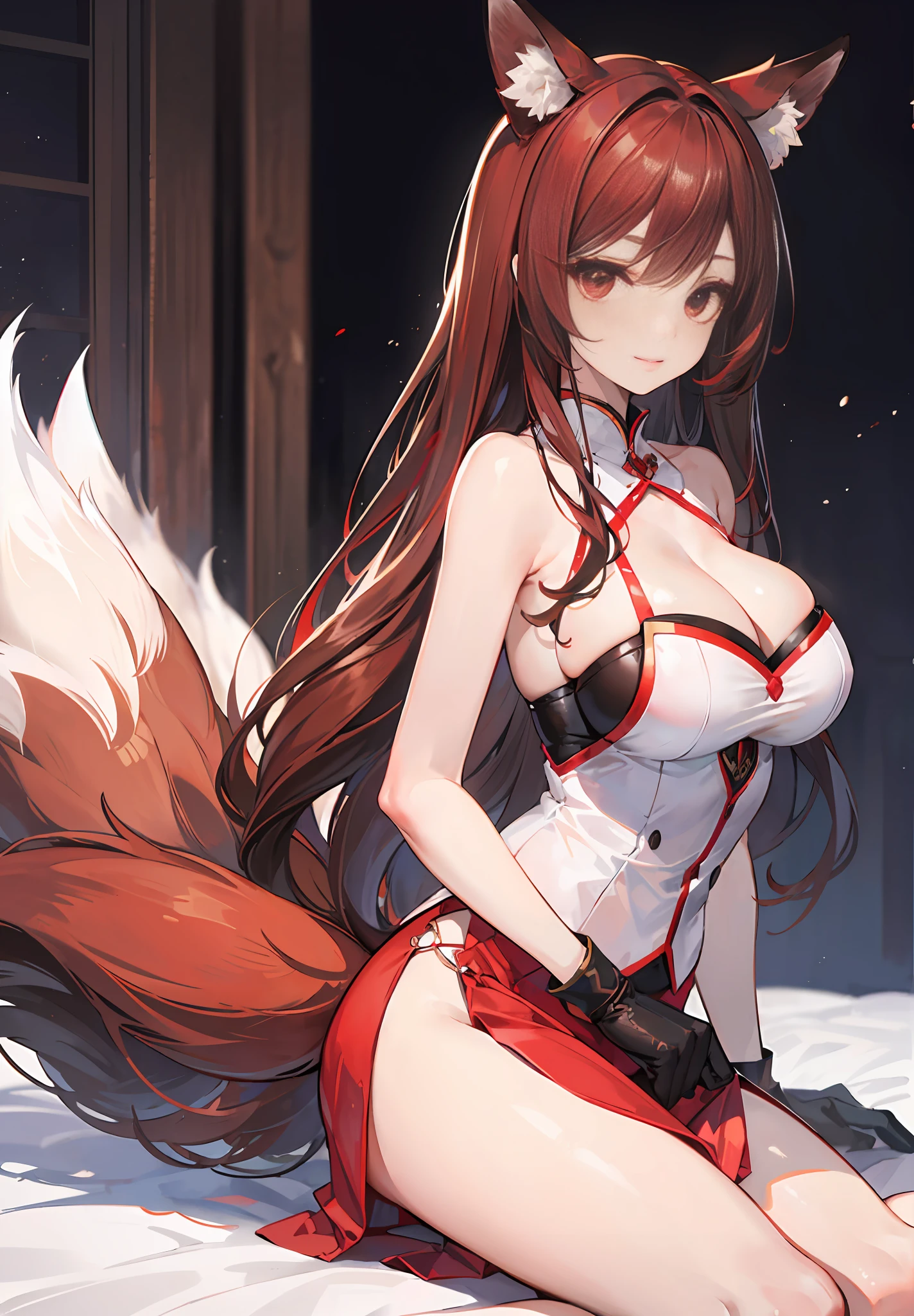 (Masterpiece, 4k resolution, ultra-realistic, very detailed), 1 girl, fox ears, fox girl, (multiple brown fox tails:1.5), sidelocks, brown hair, very long hair, bangs, (red eyes1.6), (red eyeliner:1.6), beautiful goddess woman, 40 years old, red skirt with side slit, japanese clothes, tight clothes, cleavage, perfect body, perfect breasts, (tight red skirt:1.27), (side slit skirt:1.4), clothing cutout, thighs, (no panties:1.22), gloves, smile, white clothes, (simple background:0.6),