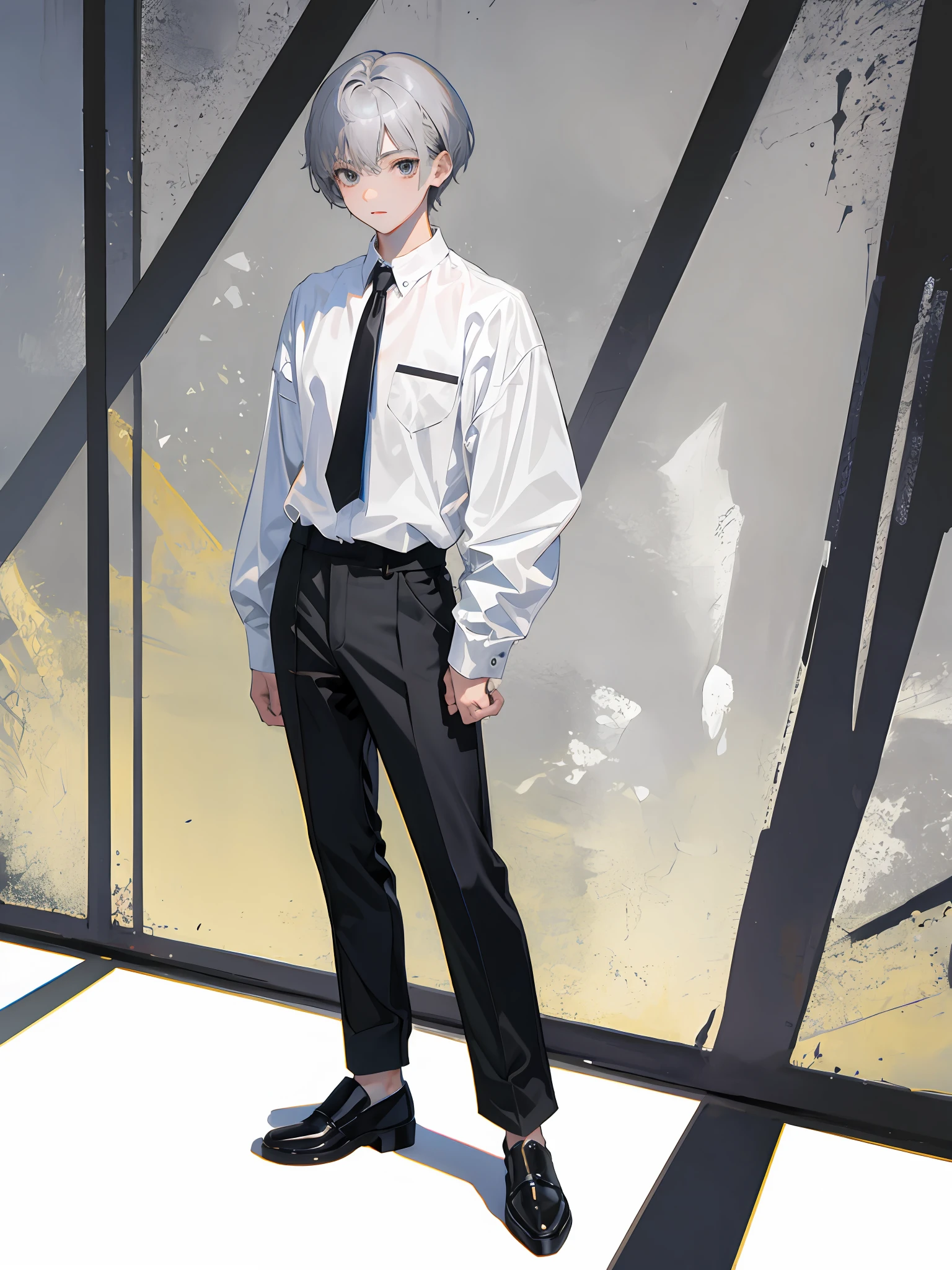Masterpieces of the highest quality、Solo Male Focus。Short-haired boy with gray hair、Black eye、White shirt、Standing in black pants