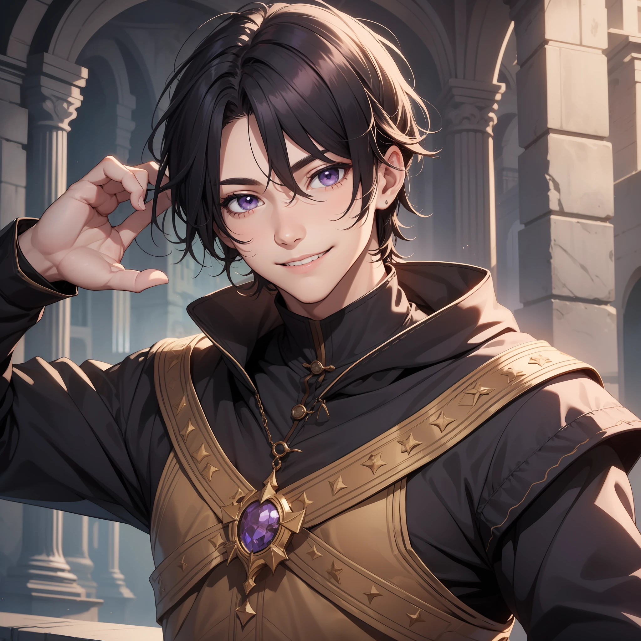 Young, smile, happy, male, man, medium black hair, bangs, arcane, medieval, purple eyes, serene gaze, Calm gaze, calm smile, 4k UHD