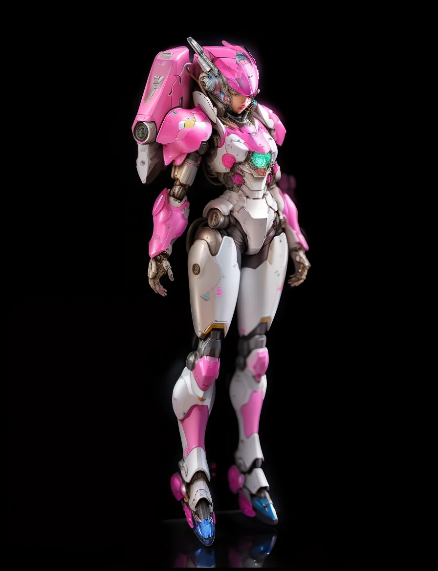 One wears a pink mech, streamlined pink armor, ferra white mecha, sharp silver armor fuchsia skin, action figure mecha, girl in mecha cyber armor, Biomechanical OPPAI, slick pink armor, female mecha, shining pink armor, full body mecha suit, gynoid cyborg body