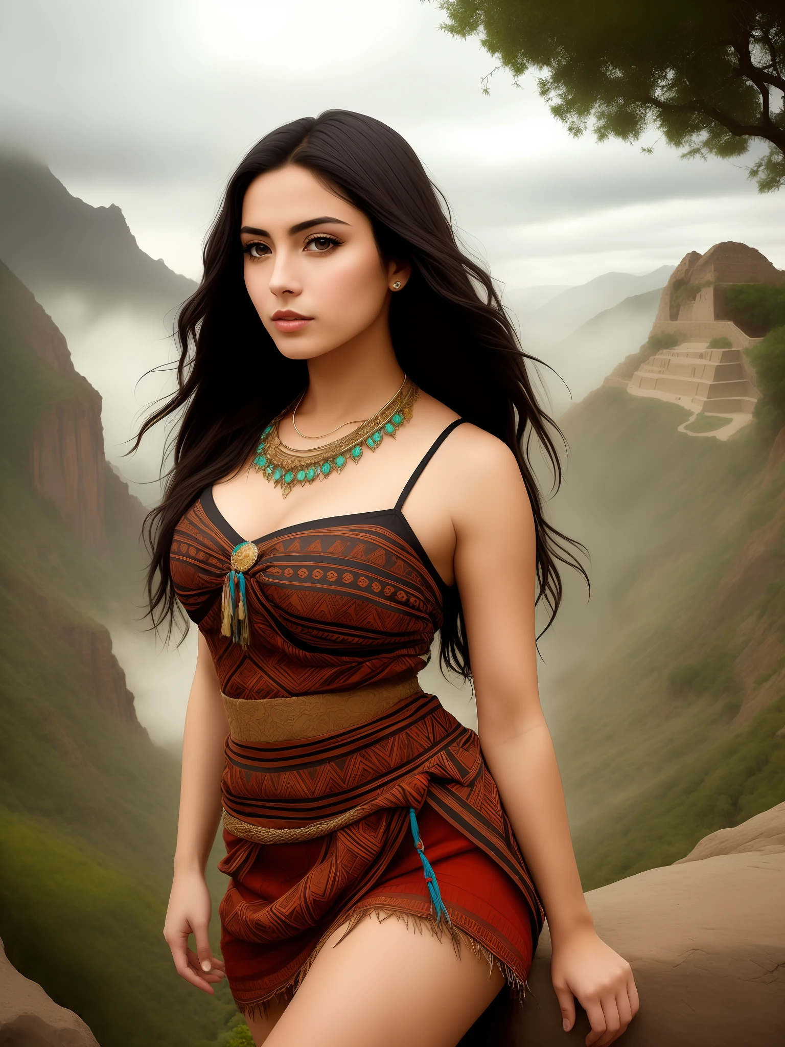 ((realistic: 1.5)),((best quality)), ((masterpiece)),((detailed)), (1 Mexican girl), {a beautiful Aztec woman wearing, (upper body: 1.3) , { fully dressed in traditional Aztec dress, super-wide-angle lens, brown eyes, facial focus, mature, sexy, toned muscles, long legs, curvy, barefoot, full Aztec costume, thick thighs, wide hips, slim legs, eyes dark hair, long black hair, flowing hair, (detailed face, beautiful eyes, detailed pupils, Detailed characteristics of Aztec clothing, light background: 1.3), mysterious ancient Aztec ruin, lush forests, deep canyons, bridge, Kali, cliff, cloud , lakes, rock, waterfalls, flowers, grass, fog, vine, tree, smoke, best shade, bright details, clear, perfect composition, intricate, sharpen focus, dramatic, (specular lighting: 1.3), edge light, Inca landscape , fully clothed,