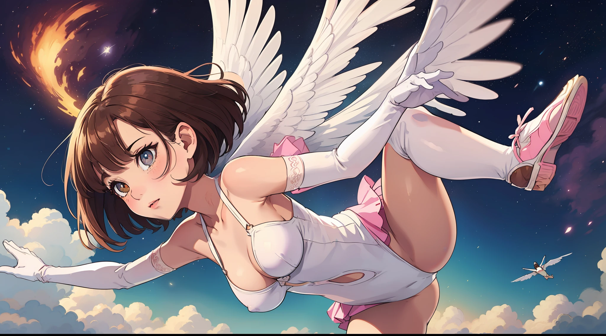 (((Masterpiece))), unique art, super detailed, wide shot, 1girl, tender face, looking afar, (flying through the sky from one side to the other), from side, wind, dynamic pose, (white leotard), white and pink pleated skirt, pink tight gloves, ruffled stockings, ((super cute face)), ((angelic face)), kawaii mini wings, ((incredibly beautiful eyes)), (glowing brown eyes), small breasts, perky breasts, super beautiful legs, ((full body)), (brown multicolored hair), short hair, (bob cut hair), (delicate and perfect hands), ((perfect anatomy)), (super delicate and sexy body), ((super cute girl)), (super thin face), delicate features, ultra detailed, best quality, cinematic lighting, captivating beauty, sexy look, (beautiful sky with stars scenery), gradient scenery, highly detailed