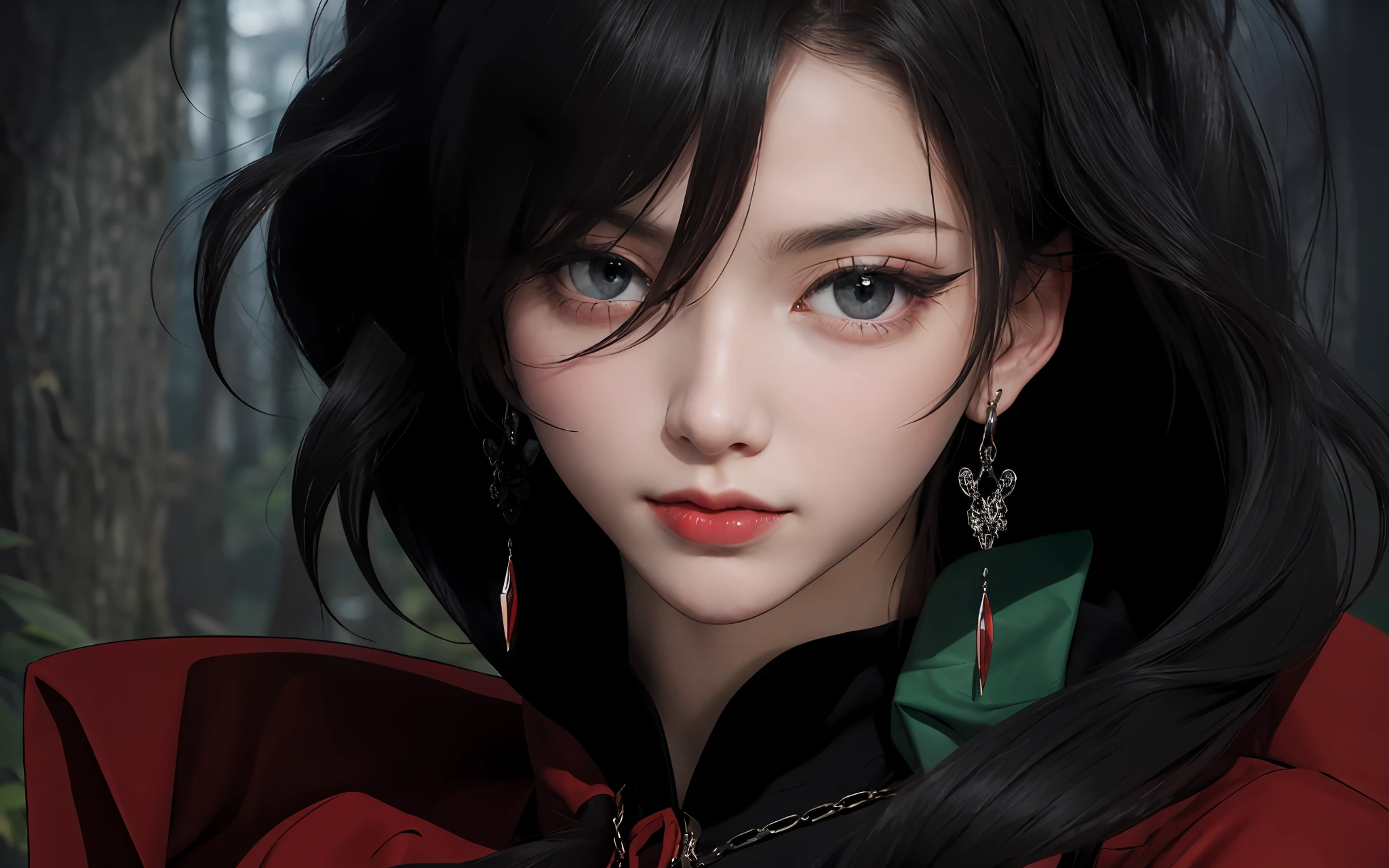 ultra-high-resolution,(Photorealistic:1.4)，(巨作, Best quality)，Girl Huge breasts，Redcoat，sportrait，Redlip，耳环，length hair，big-eyed eyes，Oriental beauty，Young age，Cool white skin，Best quality, 巨作, Ultra HD, (Realism: 1.8), skin detailes,forest backgrou