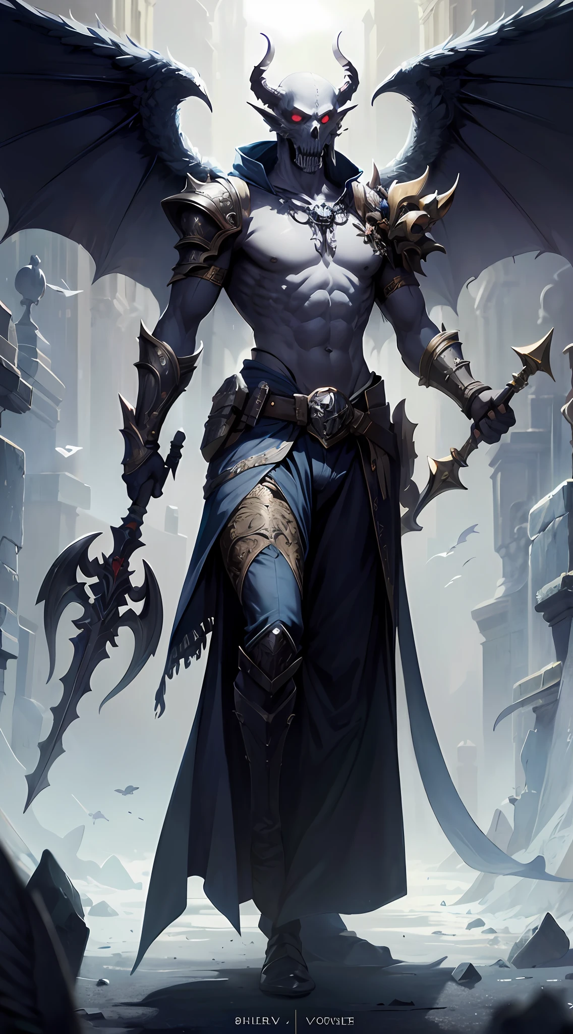 (extremely detailed 8k wallpaper),a full body shot photo of a fearful undead grey gargoyle necromancer holds in left hand a mace with a skulltop and in the right hand he holds a shield,2 Wings, intricate, high detail, dramatic,