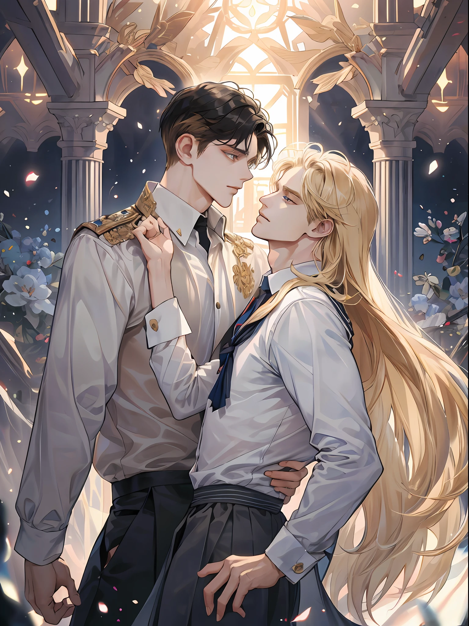 (extreamly delicate and beautiful:1.2), in 8K, (巨作, best:1.0), Two Men, body complet, Blonde long-haired man, Middle-aged man with short black hair, seethru school uniform, knights, and intricate detailing, finely eye and detailed face, Perfect eyes, Equal eyes, (A male god), florals