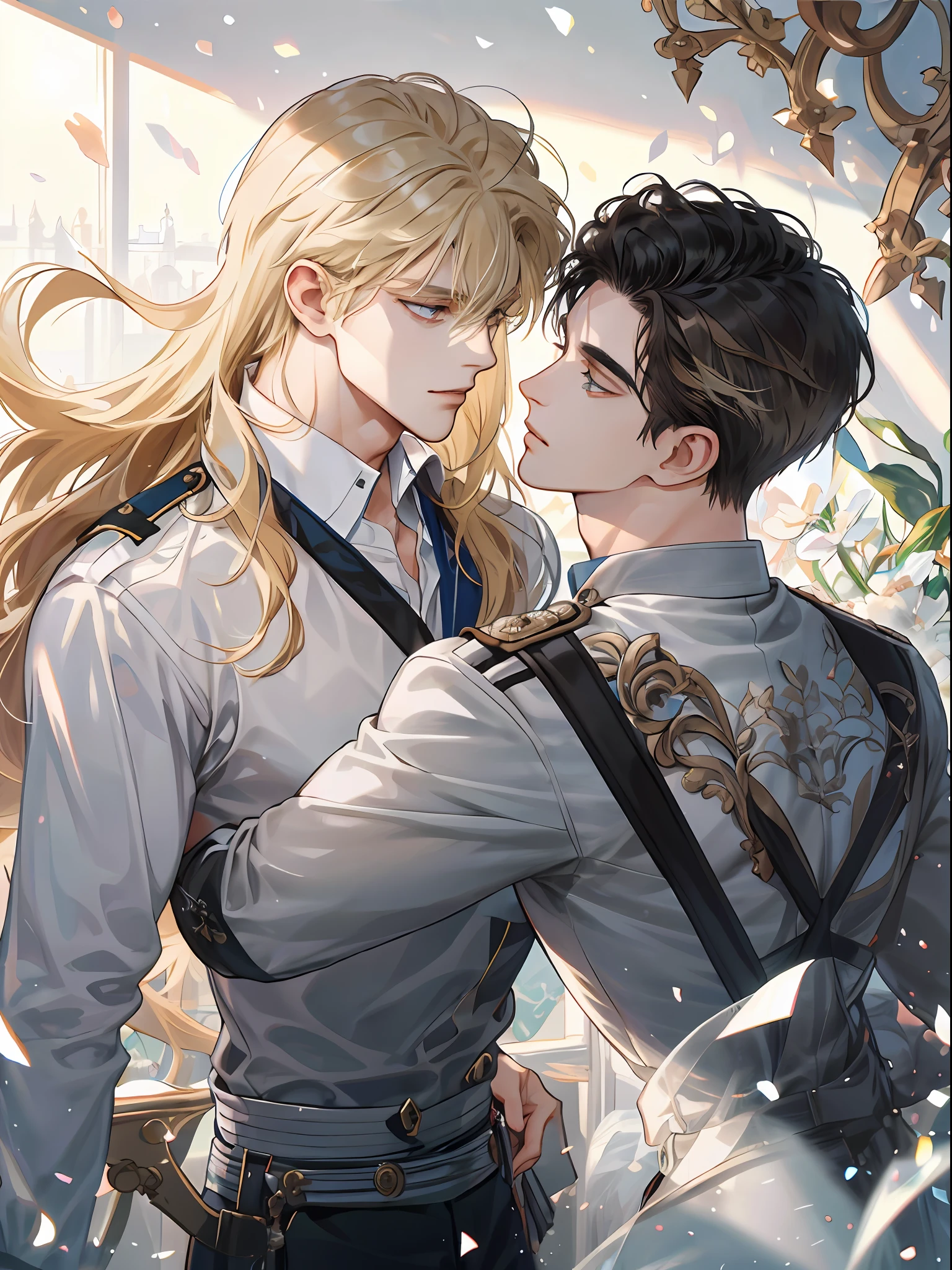 (extreamly delicate and beautiful:1.2), in 8K, (巨作, best:1.0), Two Men, body complet, Blonde long-haired man, Middle-aged man with short black hair, seethru school uniform, knights, and intricate detailing, finely eye and detailed face, Perfect eyes, Equal eyes, (A male god), florals