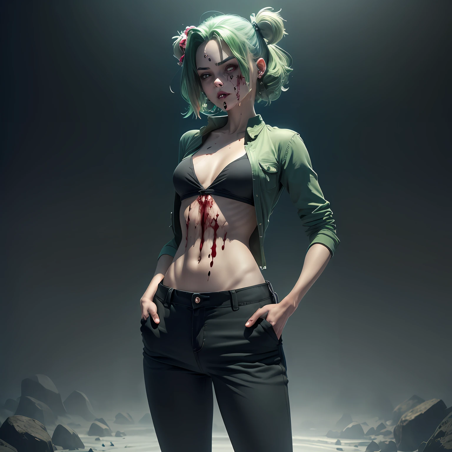 ((( elfa Sexy))) in zombie version, (Menina, ((sangue verde)), Corpo, leaking fluids, Color put death, ferimentos abertos, ((menina necro bonita)), 2. 5 d cgi anime fantasia arte | | | | |,arte de fantasia de anime, without a hat, (((frontal full-body view))), (((risada sarcastic))), without a hat, cabelo verde, ((((hand in pants))))