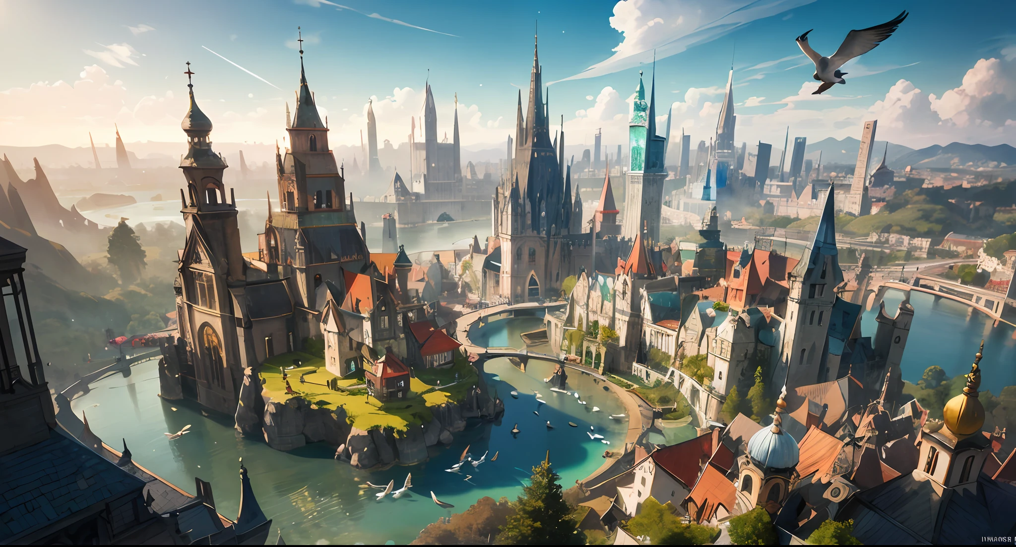 highres, ((materpiece)), ((4k)), best quality:1.2, cinematic lighting:0.9, amazing shadows, caravaggio style shadowing, ((amazing perspective:1.2)),
BREAK
depict a magical floating city in the sky, surrounded by sun and clouds, (vivid, colorful small island floating around), complex glass buildings:1.2, warm ambiance, iridescent light, ((green plants and colorful trees growing around)), ((amazing light, kaleidoscope)), fantasy art, official gme art, concept art:1.2
BREAK
depict a beautiful glass city with birds flying in the blue sky. create flags with a logo on it representing the city. gives this image a sense of traveling, and inspiration.
