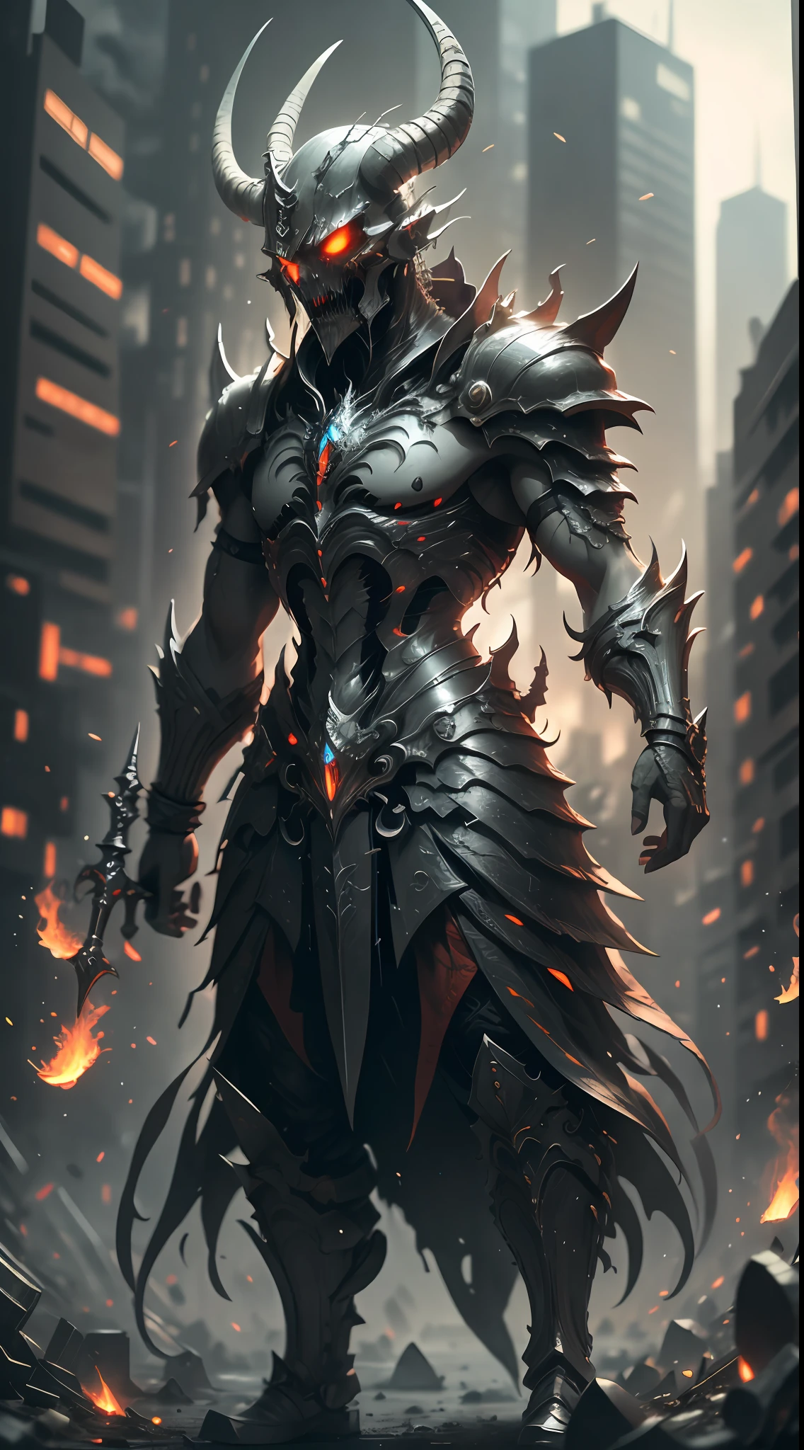 （Very detailed 8k wallpapers），A medium shot of a terrifying necromancer，intricated，high detailing，Dramatic，The forgotten war，city ruins。