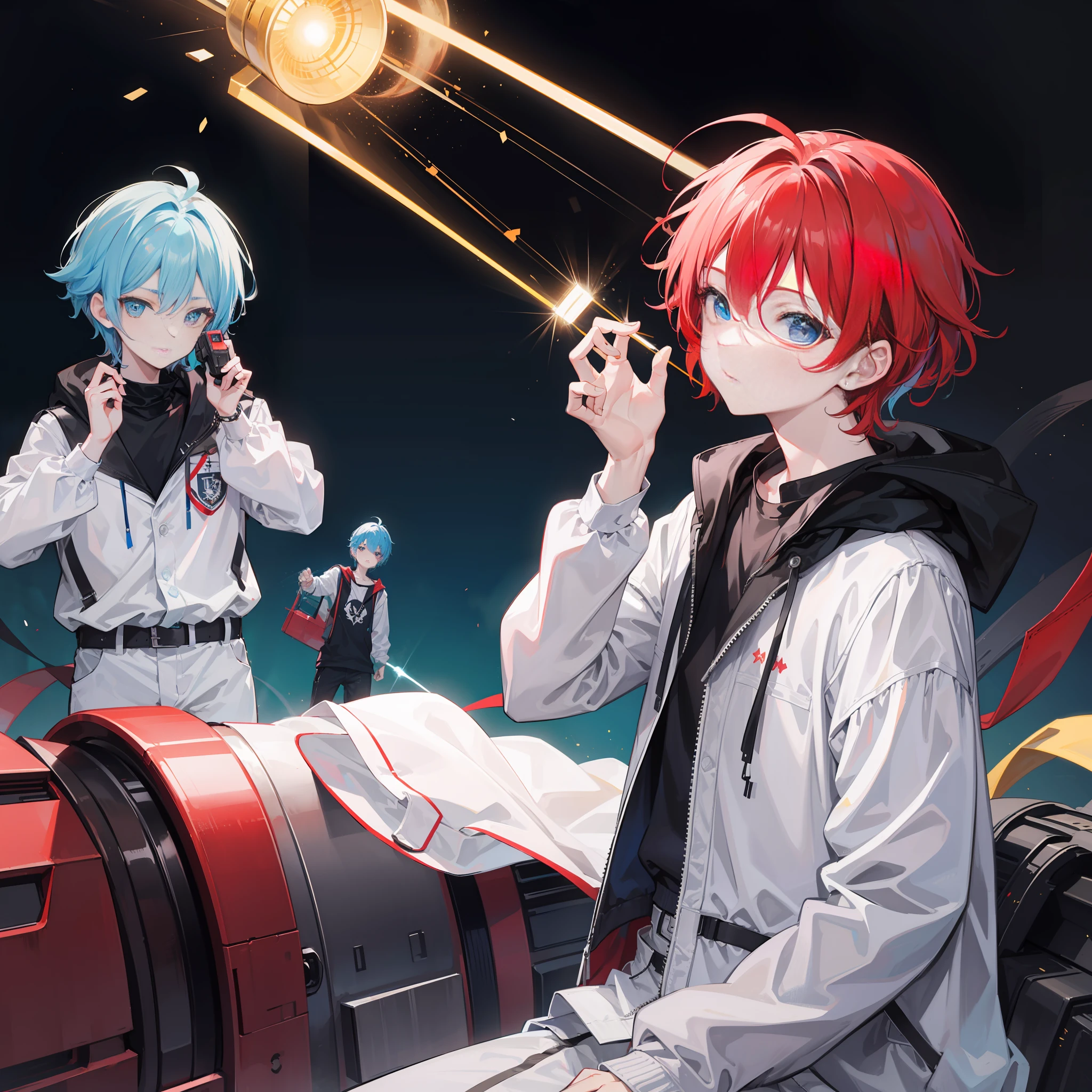 14 years,Two Boys,Shota,petite figure、buttle,The highest image quality,realisitic、in 8K,Red hair color、Light blue hair color、Laser beam