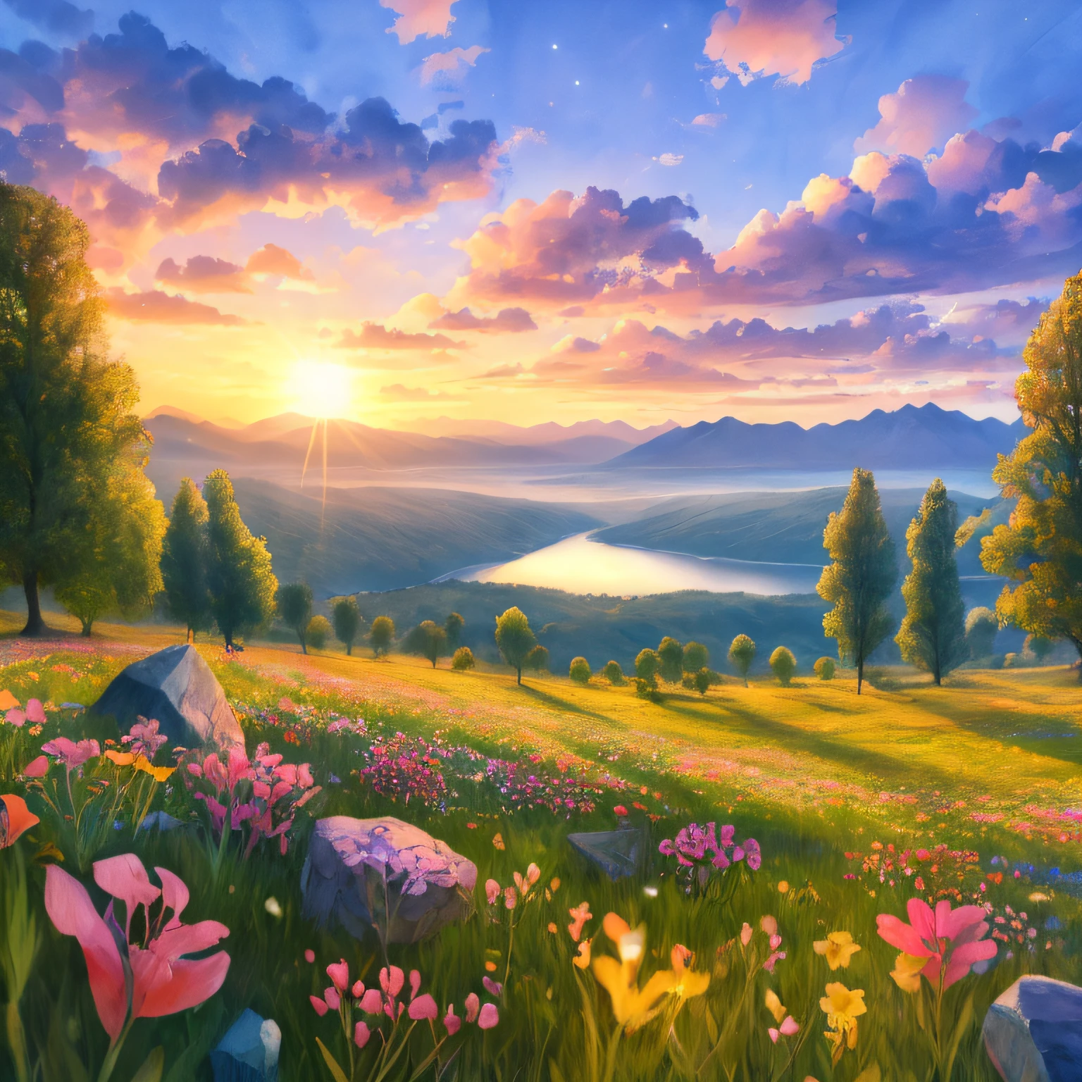 Nearby is the forested Great Plain，There are flowers on the plains，There is a lake，There are stones，In the distance there are hazy mountains，The sky is colored clouds，The morning sun rises，Starlight，watercolor drawings，masterpaintings --auto