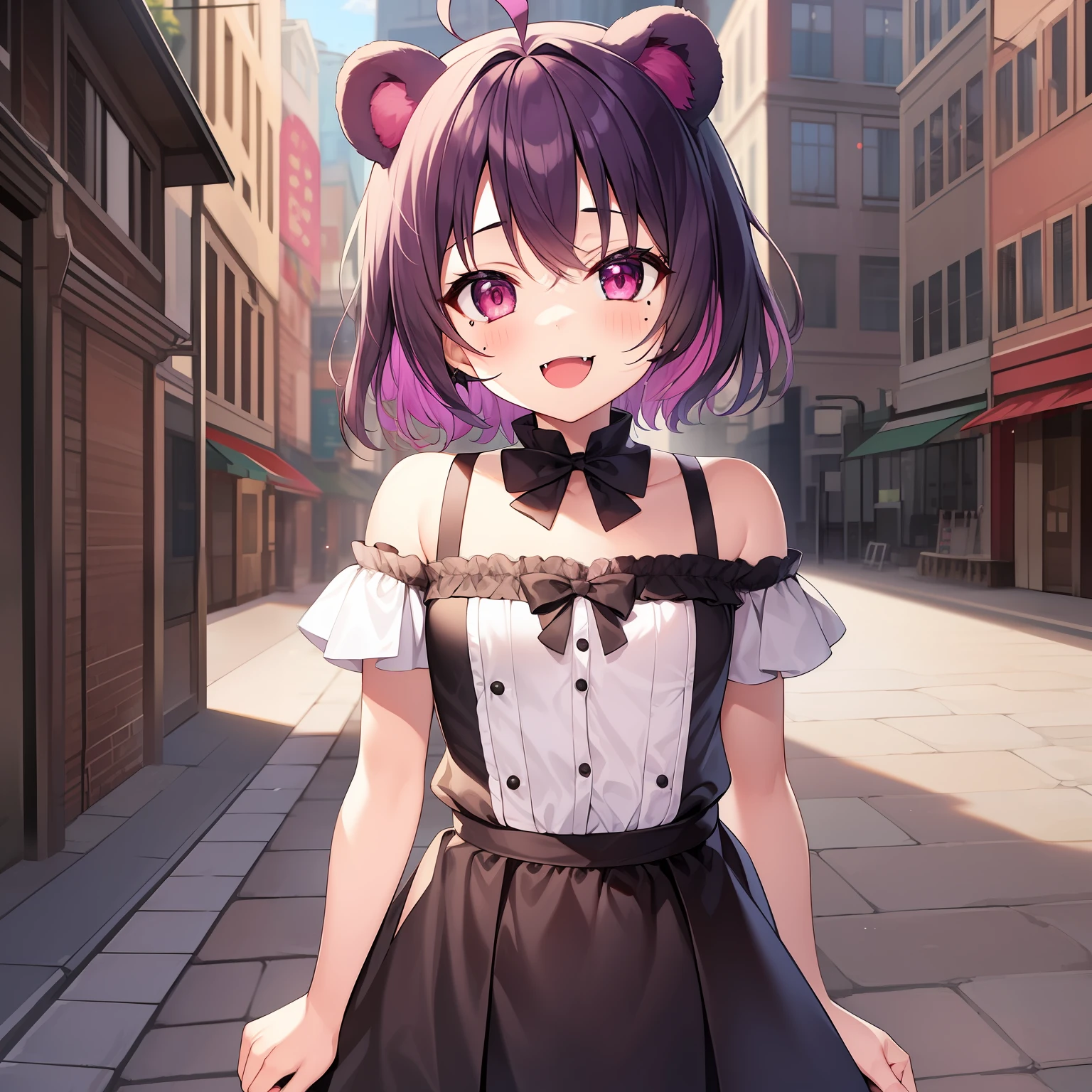 1girl, solo, animal ears, pose, happy, smiling, fangs, purple bear ears, purple hair, looking at viewer, ahoge, bangs, short hair, original character, pink eyes, magenta eyes, red eyes, multicolor eyes, short hair, wavy hair, swept bangs, small breasts, flat chest, bear ears, tired, sleepy, bags under eyes, beauty mark, young, loli, short eyebrows