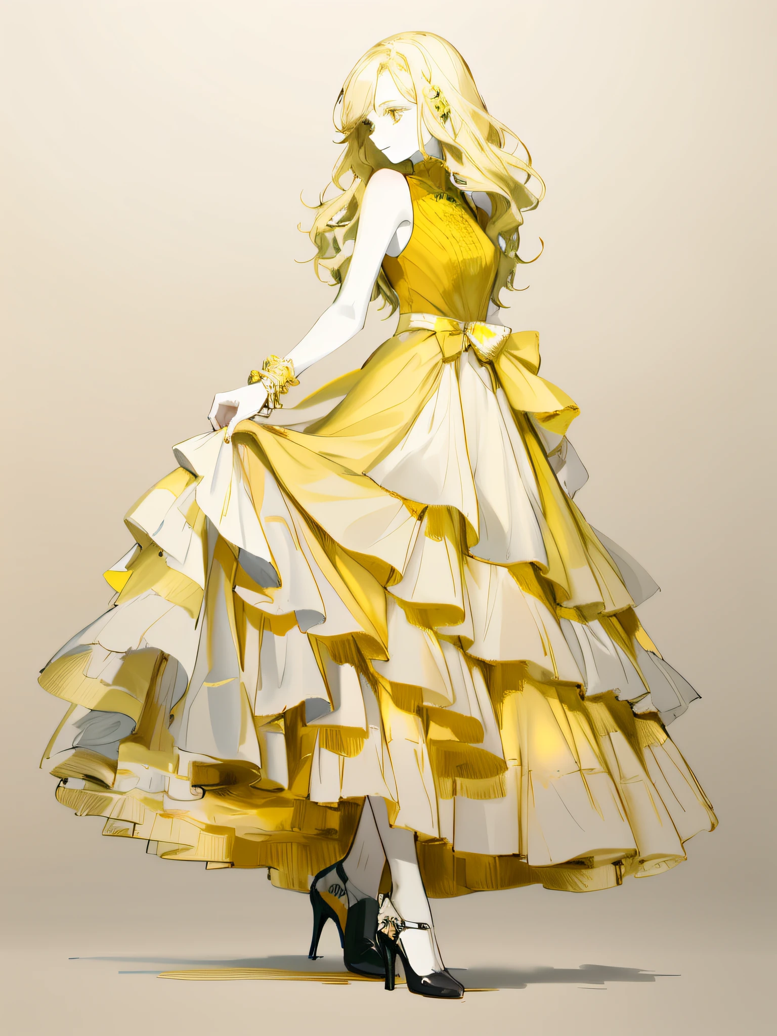 A painting of a woman in a pale yellow dress,Pale yellow dress,Pale yellow top,Pale yellow skirt,Wearing a bow, beautiful drawing style, wearing flowing dress, detailed dress and face, traditional drawing style, girl in a dress, wearing elegant dress, Drawing style, detailed fashion illustration, coiffed blonde hair,fair white skin,black heels,Black eyes