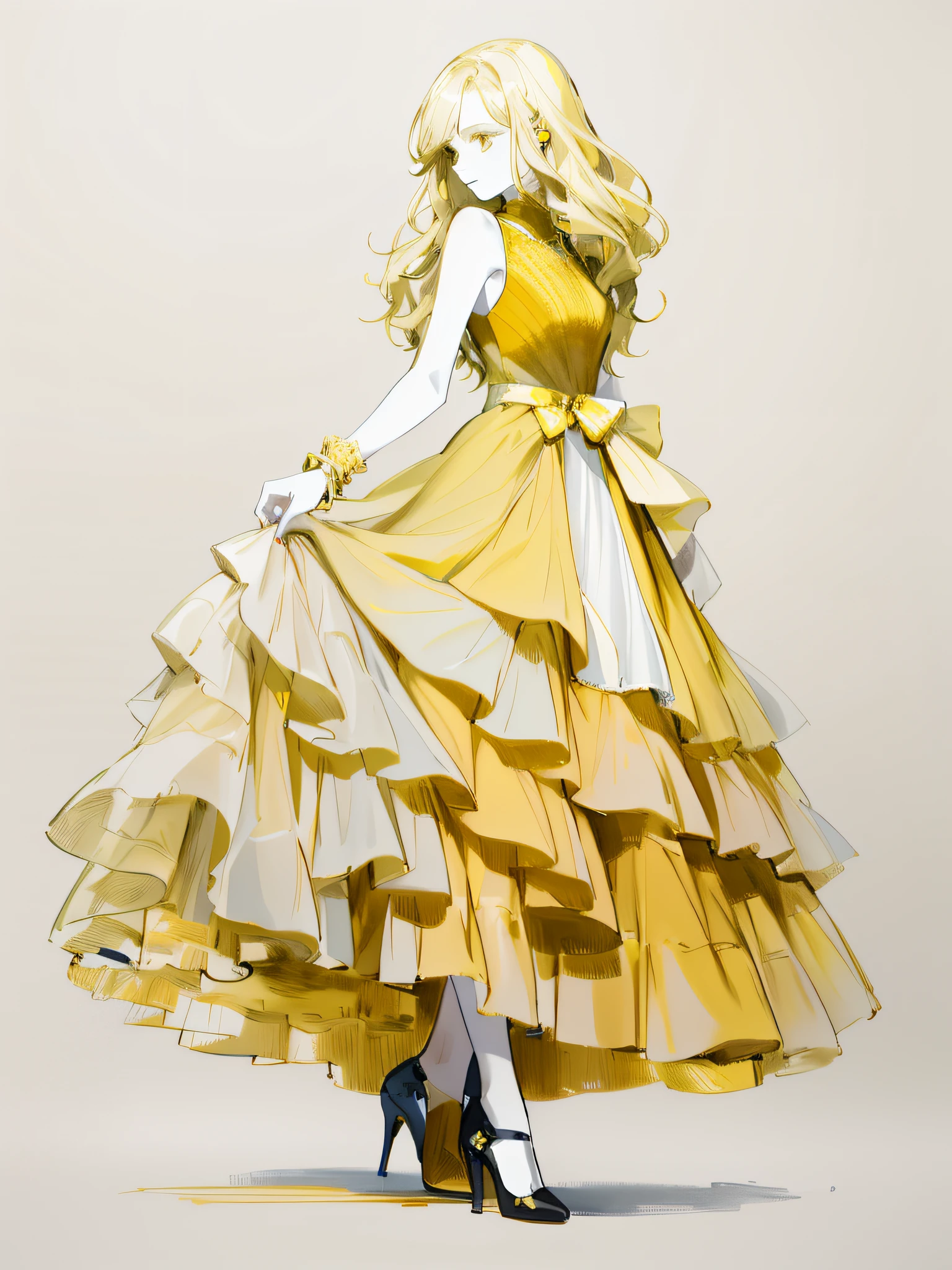 A painting of a woman in a pale yellow dress，Pale yellow dress，Pale yellow top，Pale yellow skirt，Wearing a bow, beautiful drawing style, wearing flowing dress, detailed dress and face, traditional drawing style, girl in a dress, wearing elegant dress, Drawing style, detailed fashion illustration, coiffed blonde hair，fair white skin，black heels，Black eyes